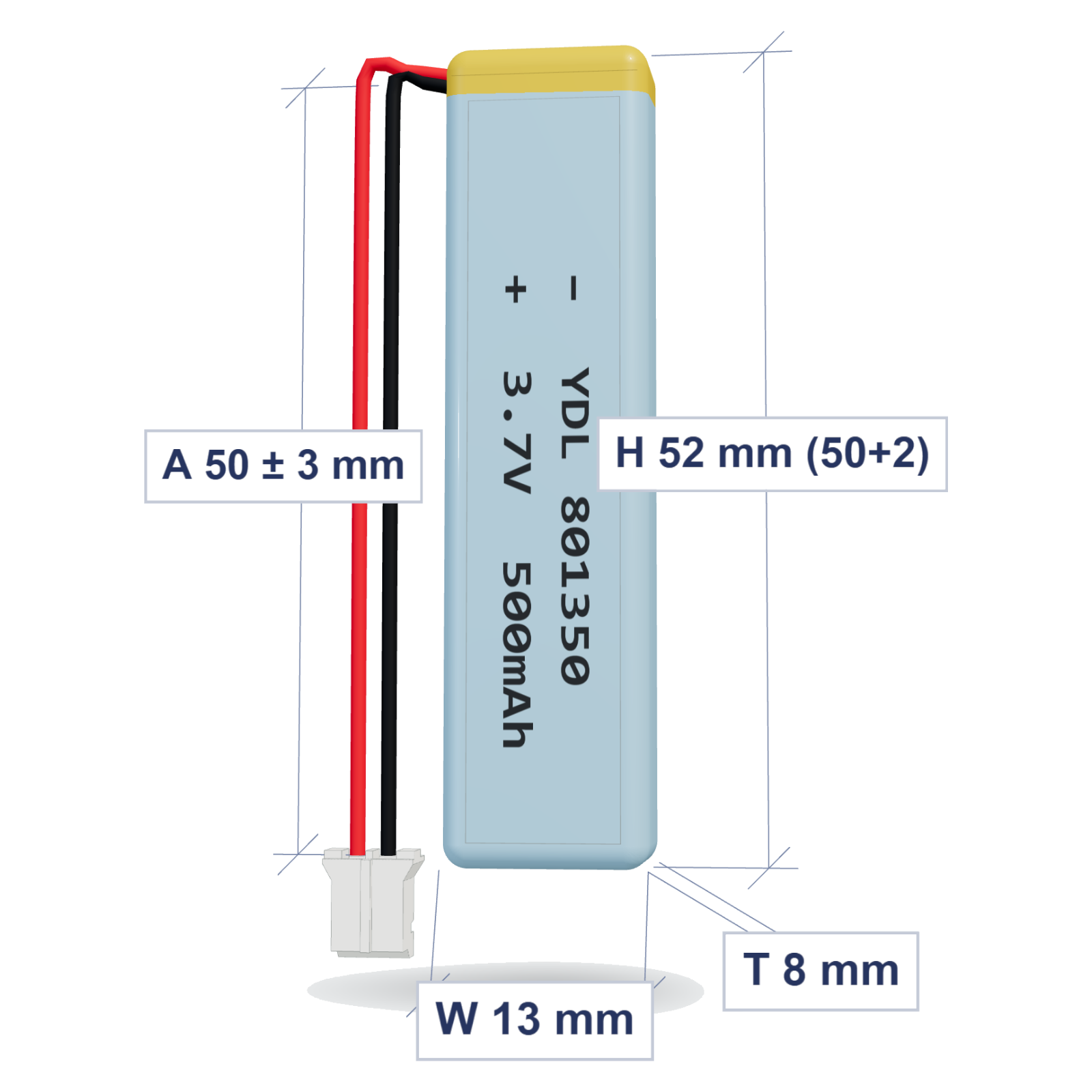 YDL 801350 500mAh 3.7V LiPo battery, 8x13x52mm, PH2.0 connector, 50mm 28AWG leads