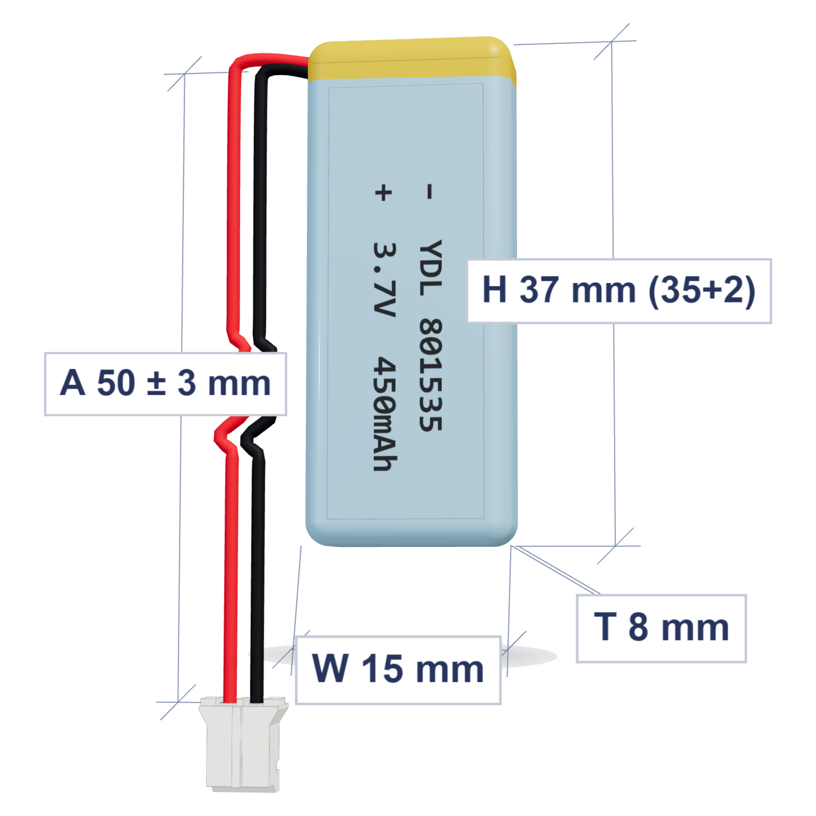 YDL 801535 450mAh 3.7V LiPo battery, 8x15x37mm, PH2.0 connector, 50mm 28AWG leads