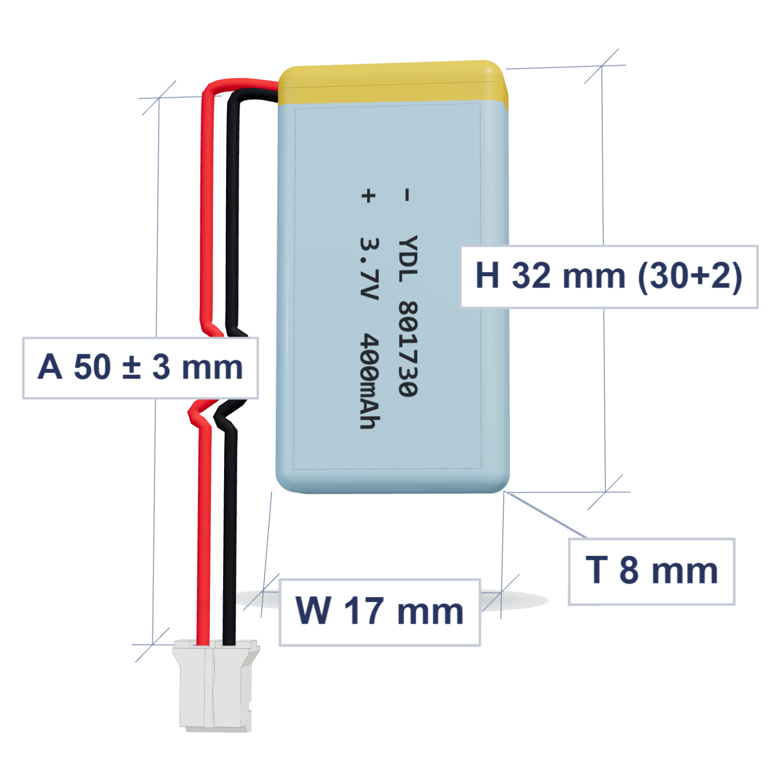 YDL 801730 400mAh 3.7V LiPo battery, 8x17x32mm, PH2.0 connector, 50mm 28AWG leads