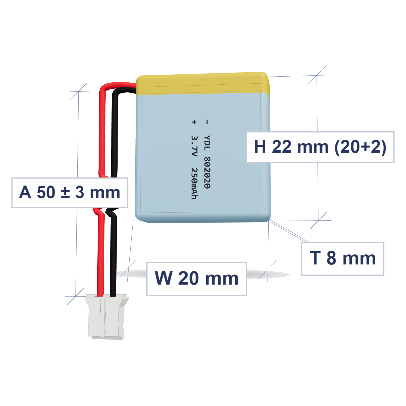 YDL 802020 250mAh 3.7V LiPo battery, 8x20x22mm, PH2.0 connector, 50mm 28AWG leads