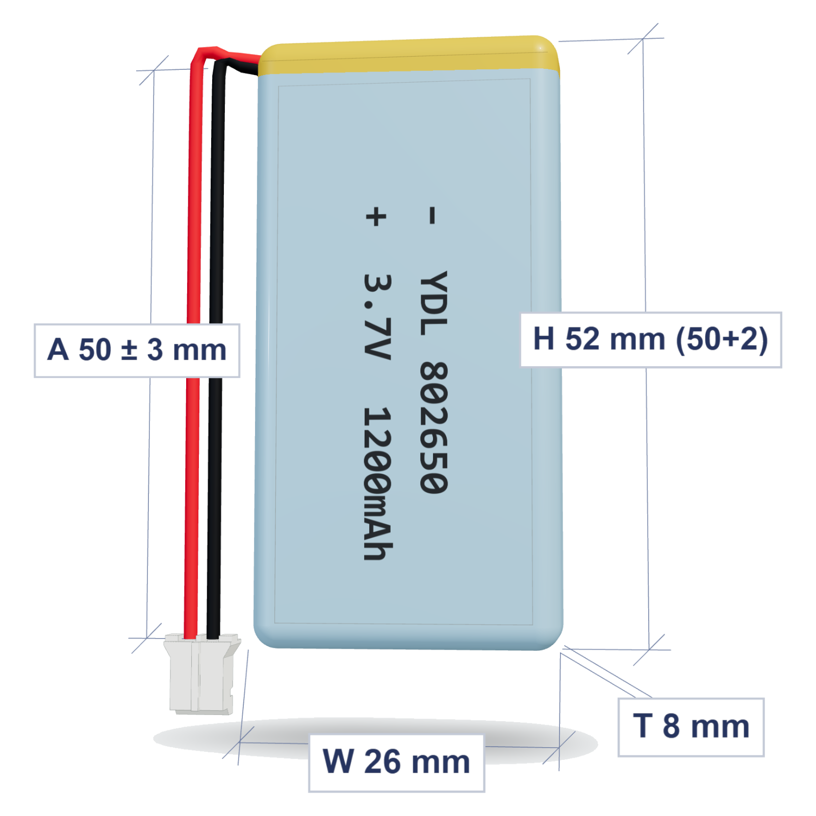 YDL 802650 1200mAh 3.7V LiPo battery, 8x26x52mm, PH2.0 connector, 50mm 26AWG leads