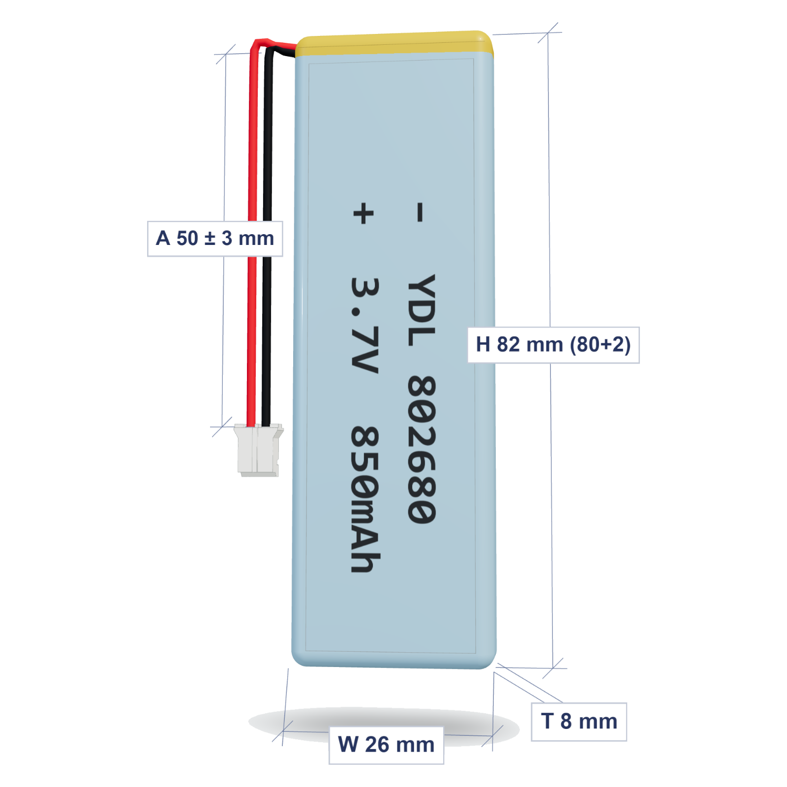 YDL 802680 850mAh dimensions 8x26x82mm, 50mm 26AWG leads
