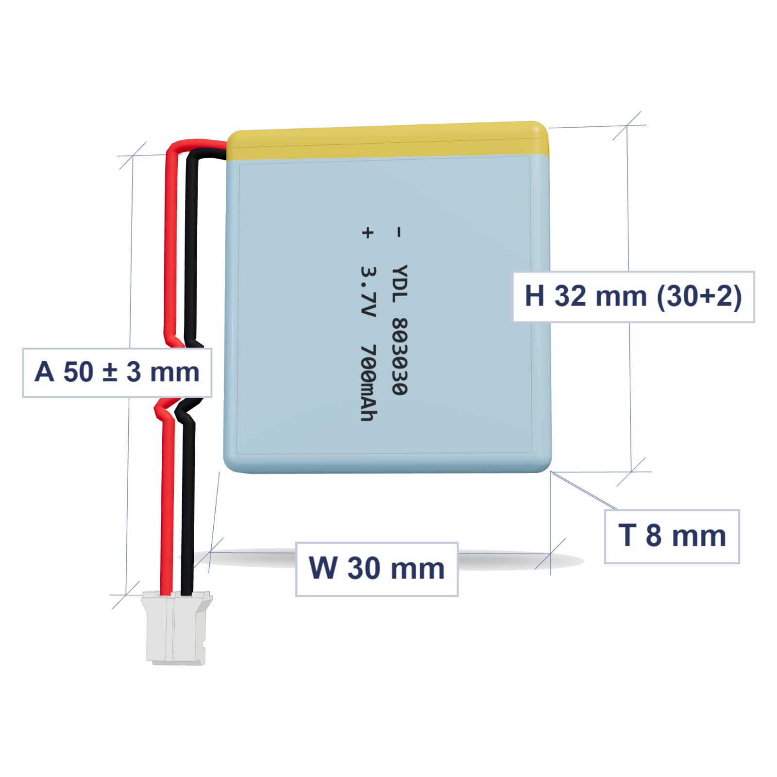 YDL 803030 700mAh 3.7V LiPo battery, 8x30x32mm, PH2.0 connector, 50mm 26AWG leads