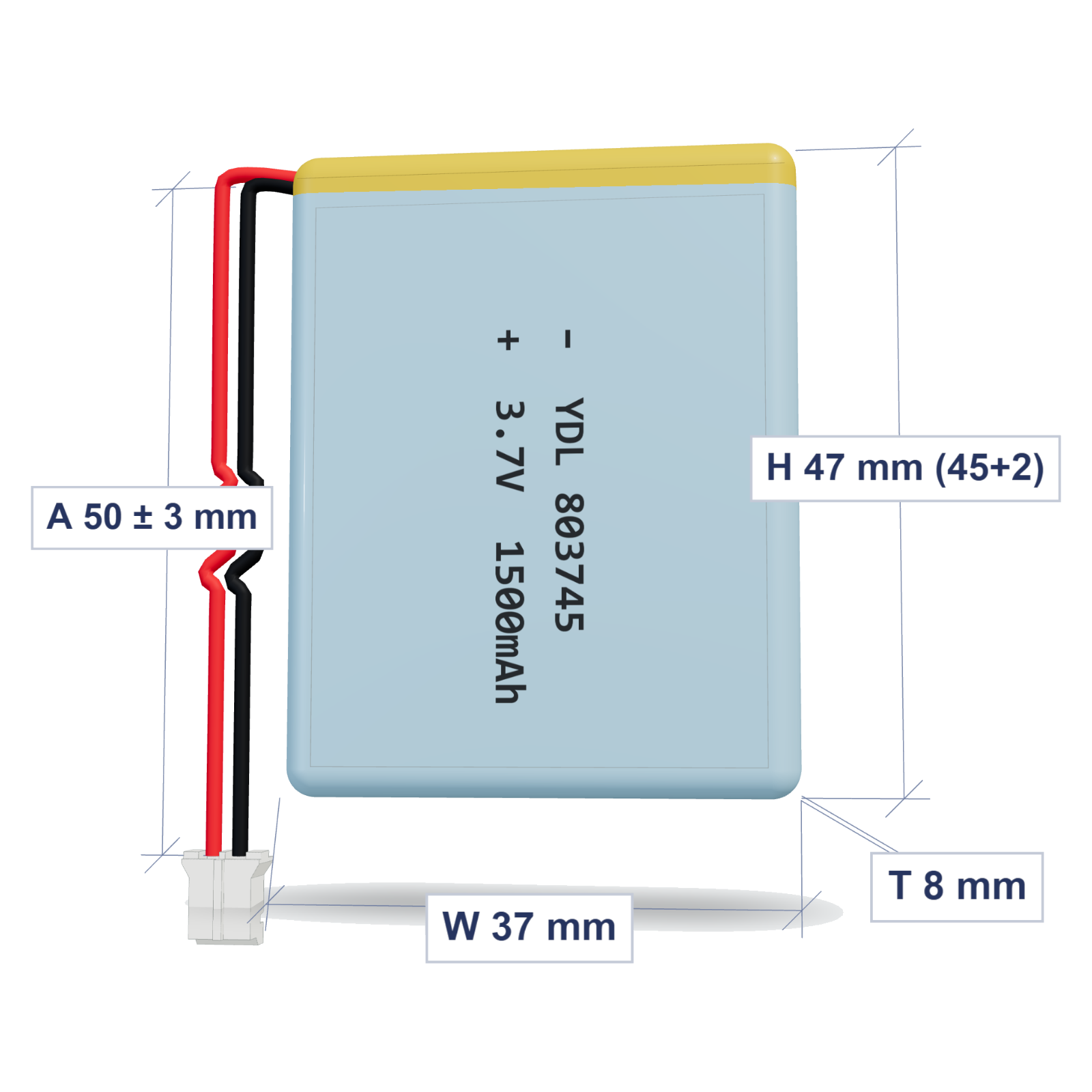 YDL 803745 1500mAh dimensions 8x37x47mm, 50mm 26AWG leads