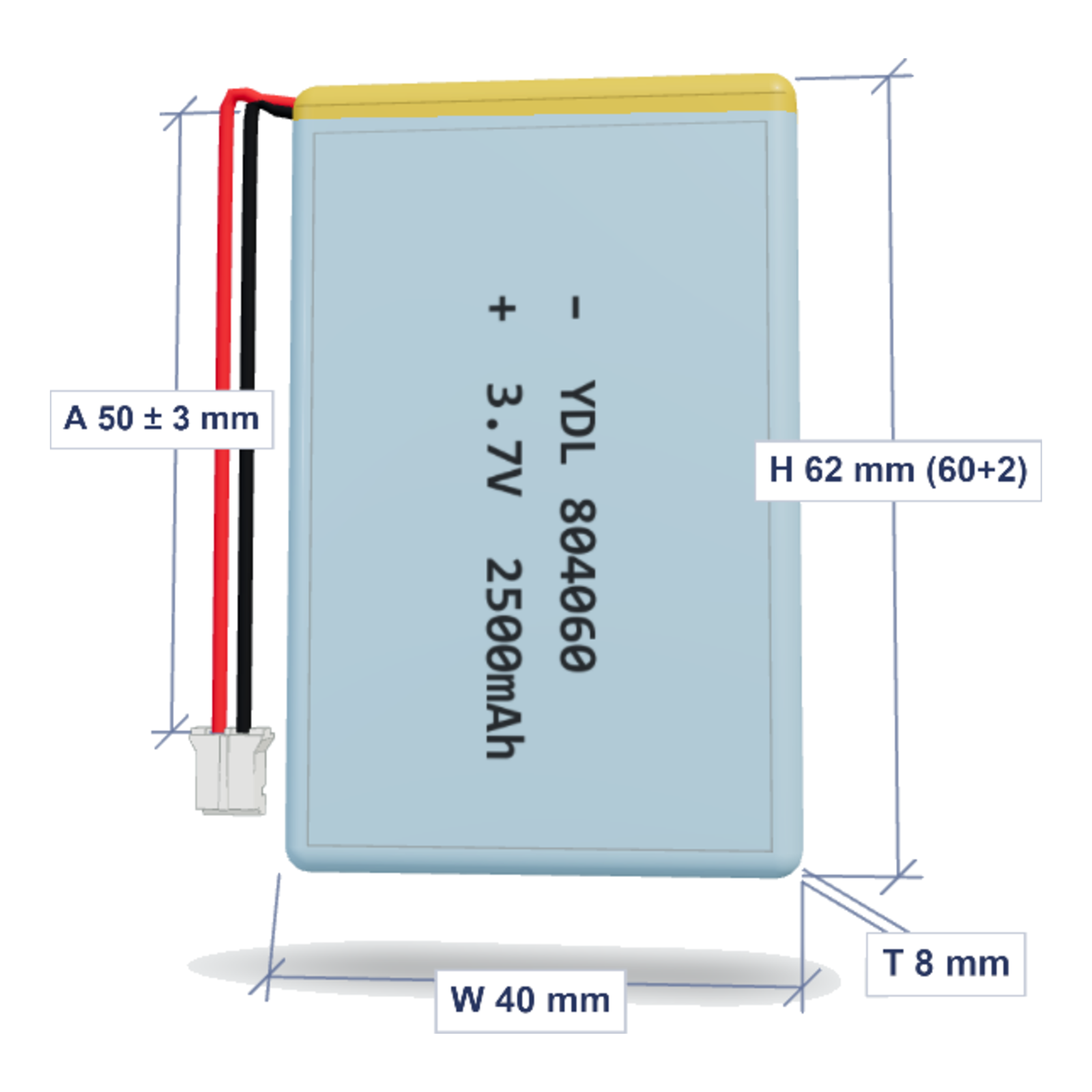YDL 804060 2500mAh 3.7V lithium polymer battery with PH2.0 connector and 50mm wire, dimensioned 3D view
