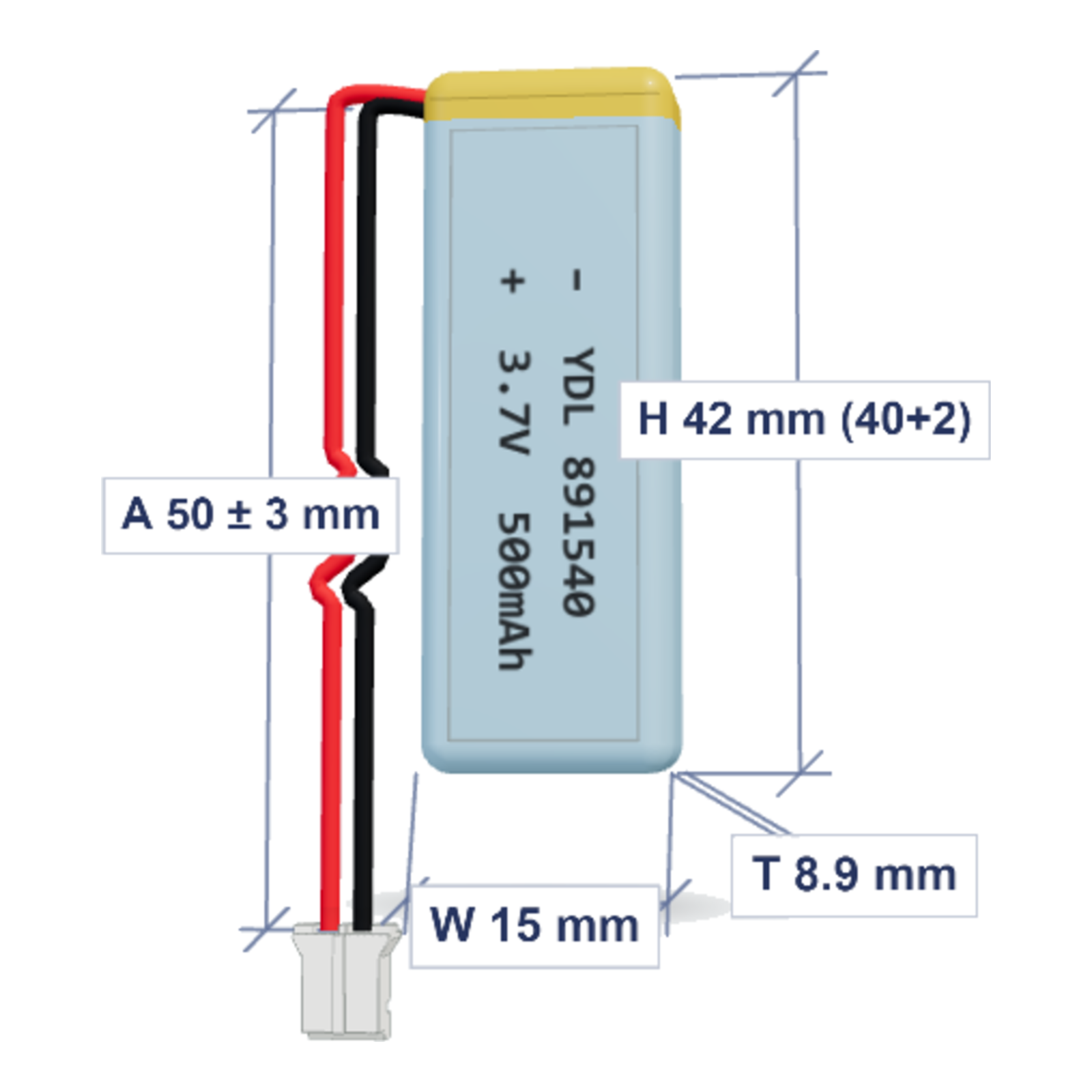 YDL 891540 500mAh 3.7V lithium polymer battery with PH2.0 connector and 50mm wire, dimensioned 3D view