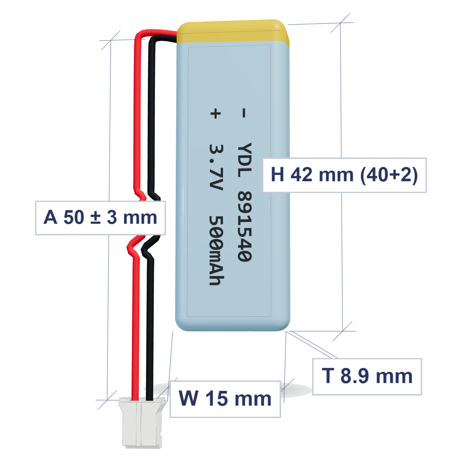 YDL 891540 500mAh 3.7V lithium polymer battery 8.9x15x42mm with PH2.0 connector and 50mm 28AWG wire, dimensioned 3D view