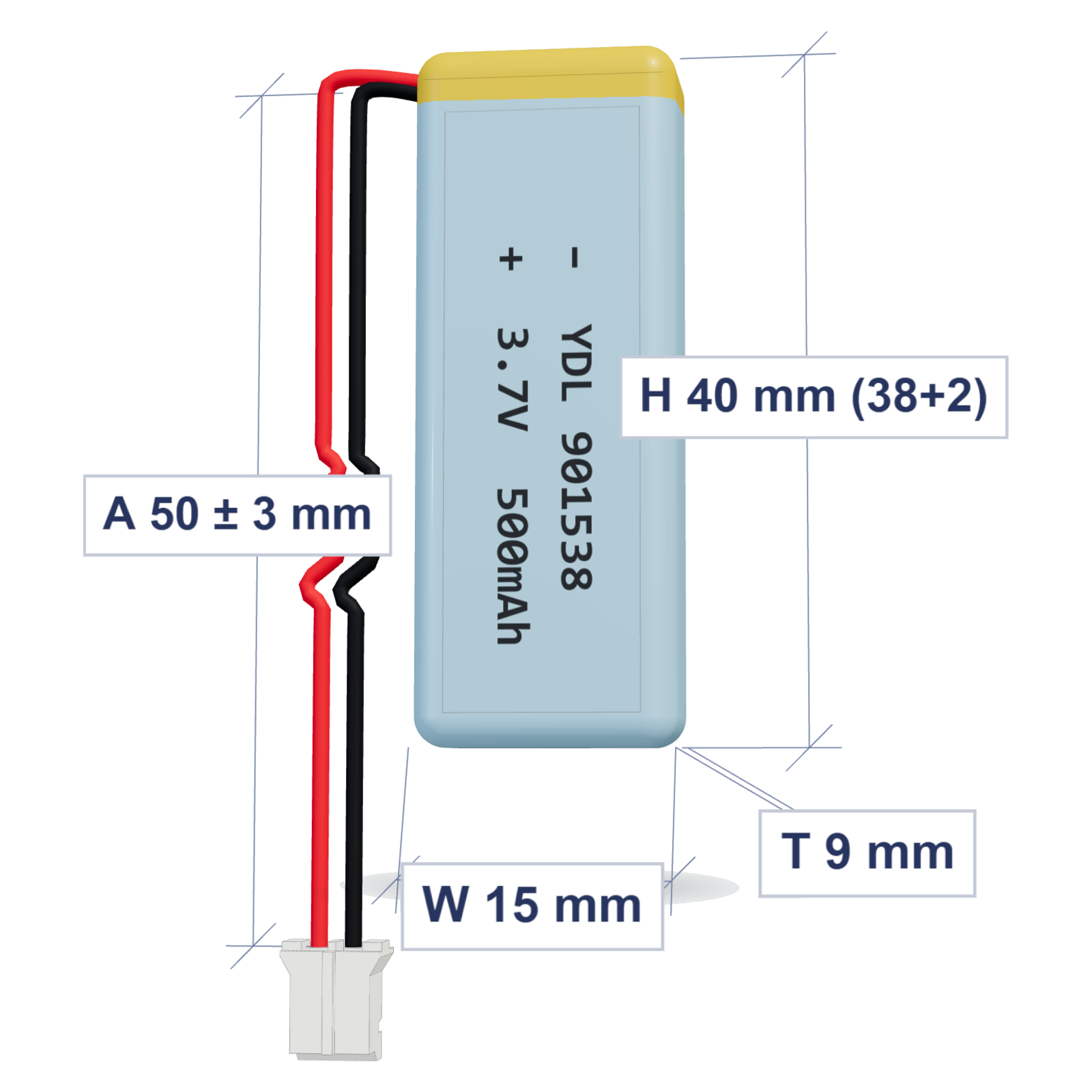 YDL 901538 500mAh 3.7V LiPo battery, 9x15x40mm, PH2.0 connector, 50mm 28AWG leads