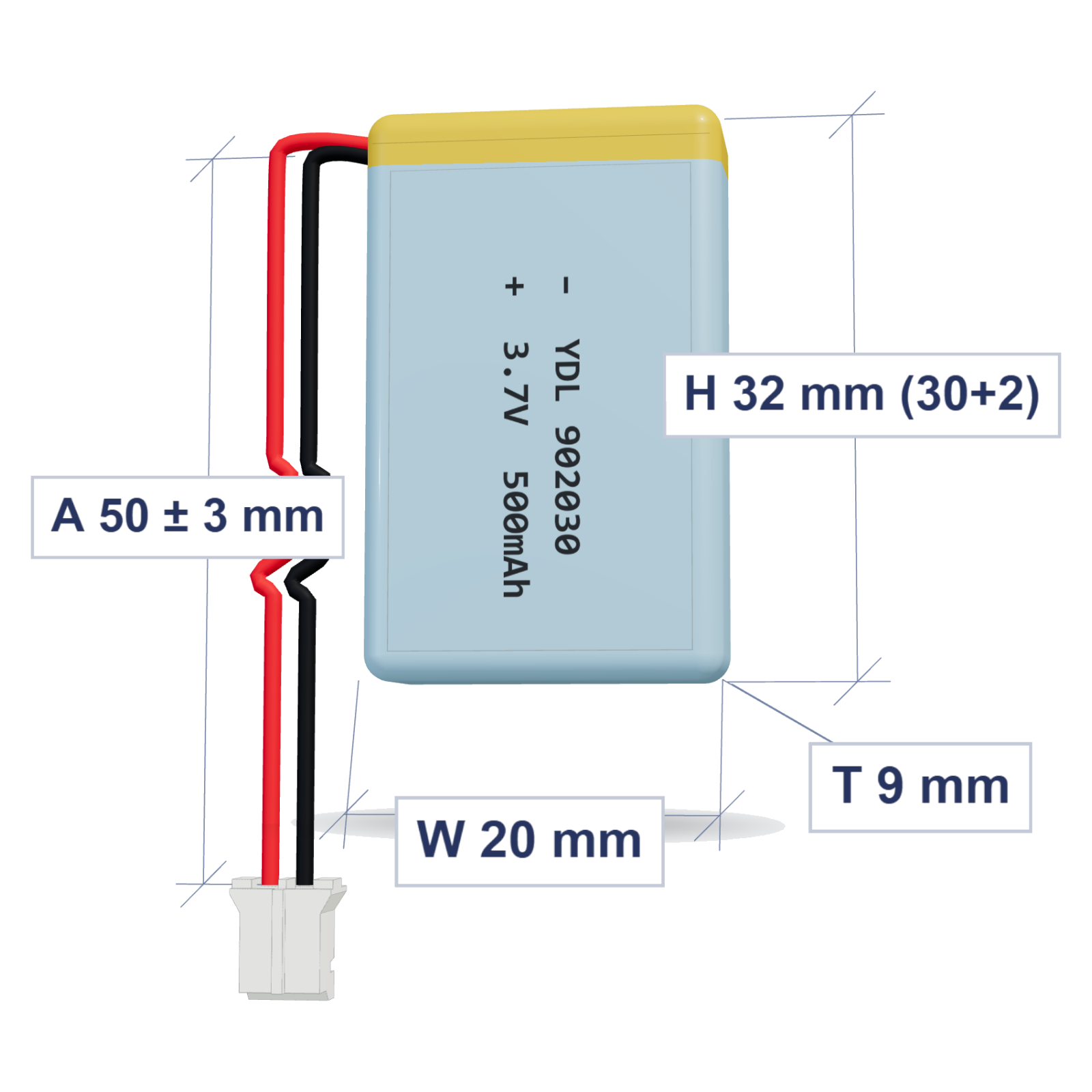 YDL 902030 500mAh 3.7V LiPo battery, 9x20x32mm, PH2.0 connector, 50mm 28AWG leads