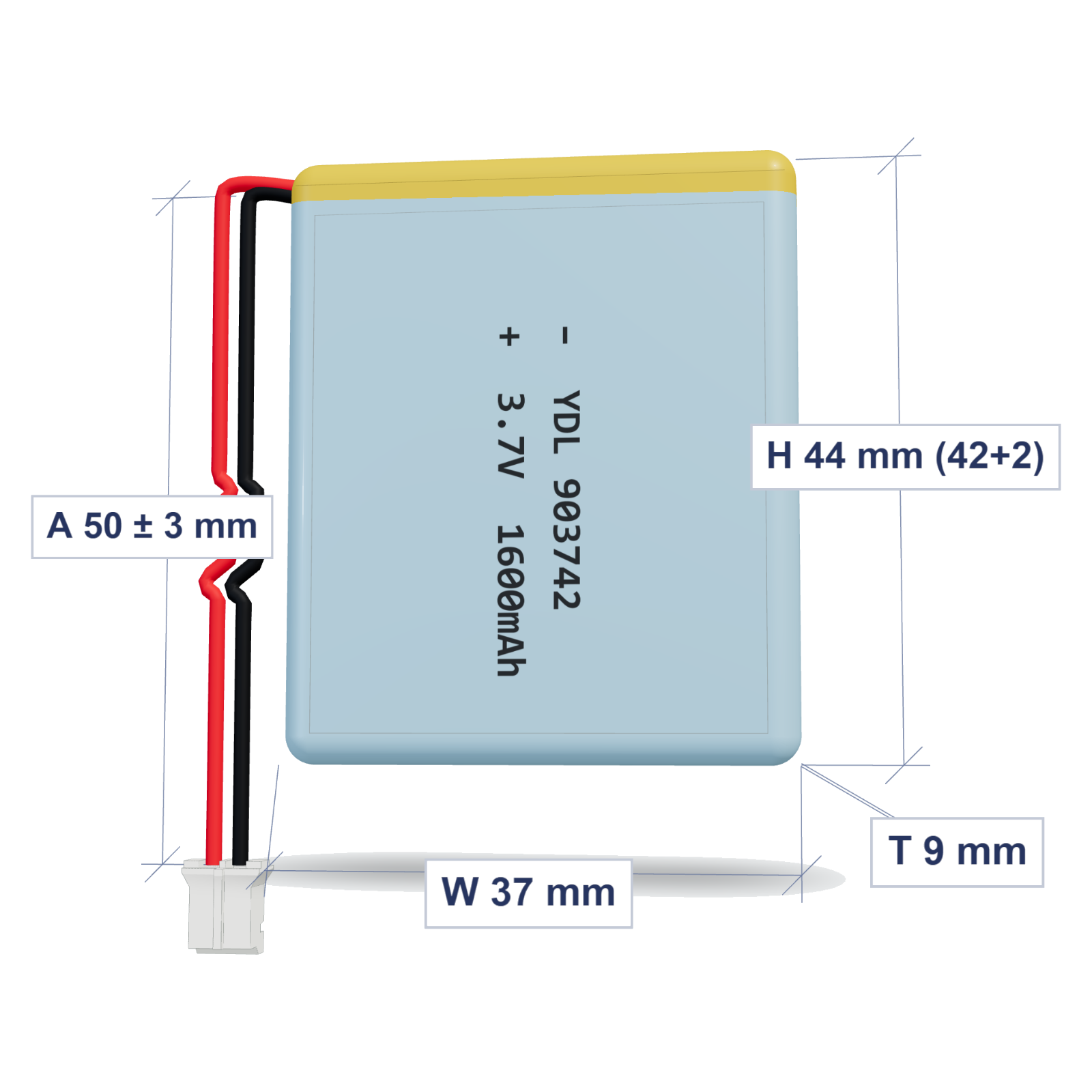 YDL 903742 1600mAh dimensions 9x37x44mm, 50mm 26AWG leads