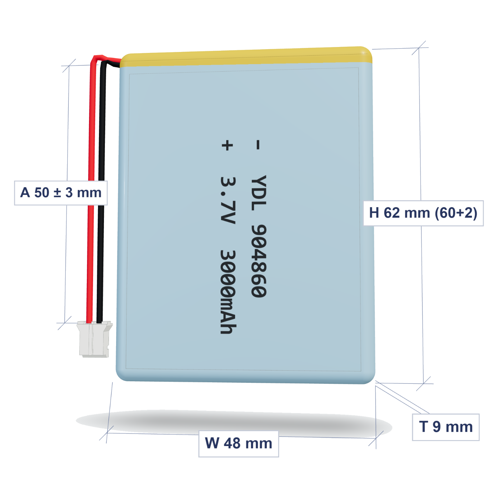 YDL 904860 3000mAh dimensions 9x48x62mm, 50mm 26AWG leads