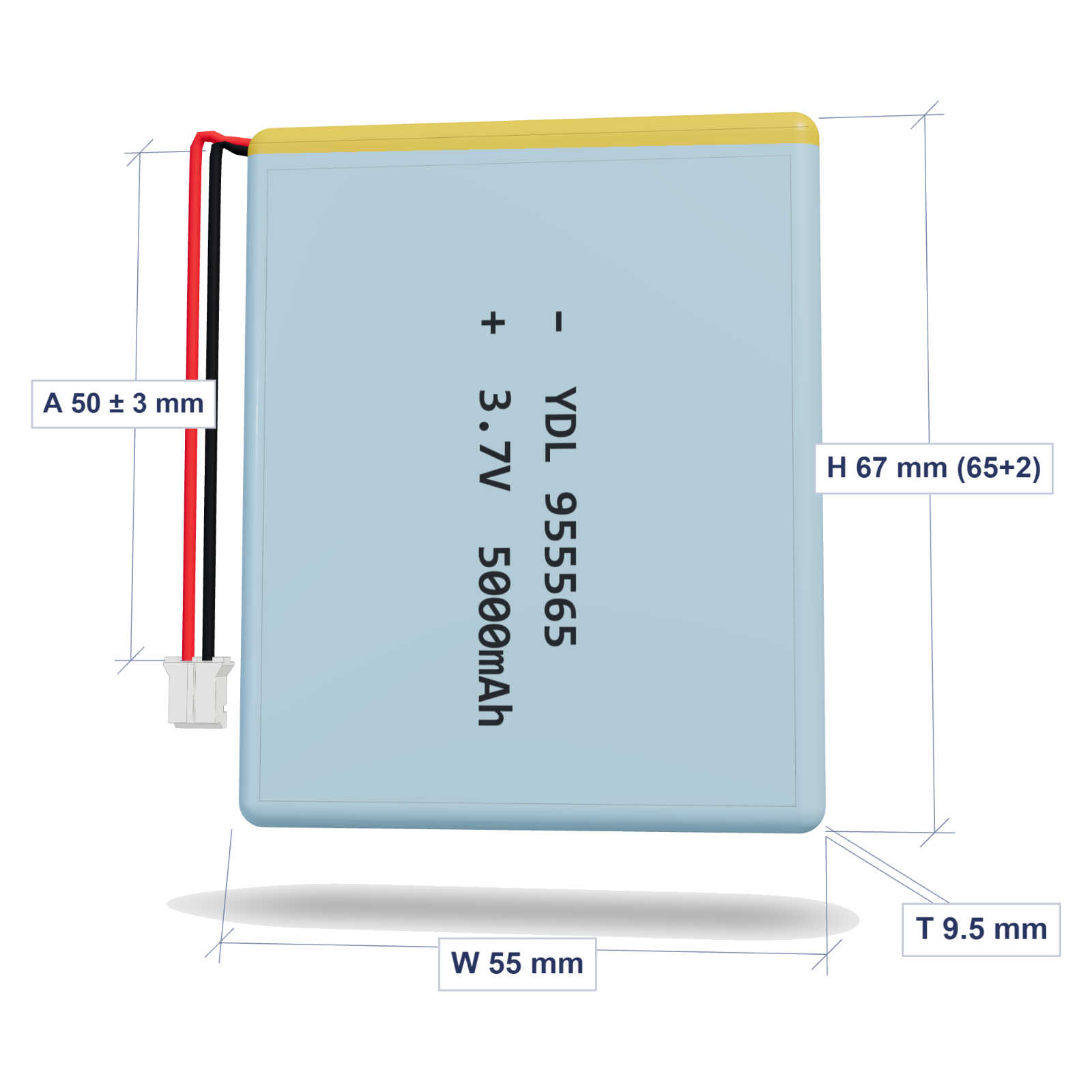 YDL 955565 5000mAh 3.7V lithium polymer battery, 9.5 x 55 x 67 mm, PH2.0 connector