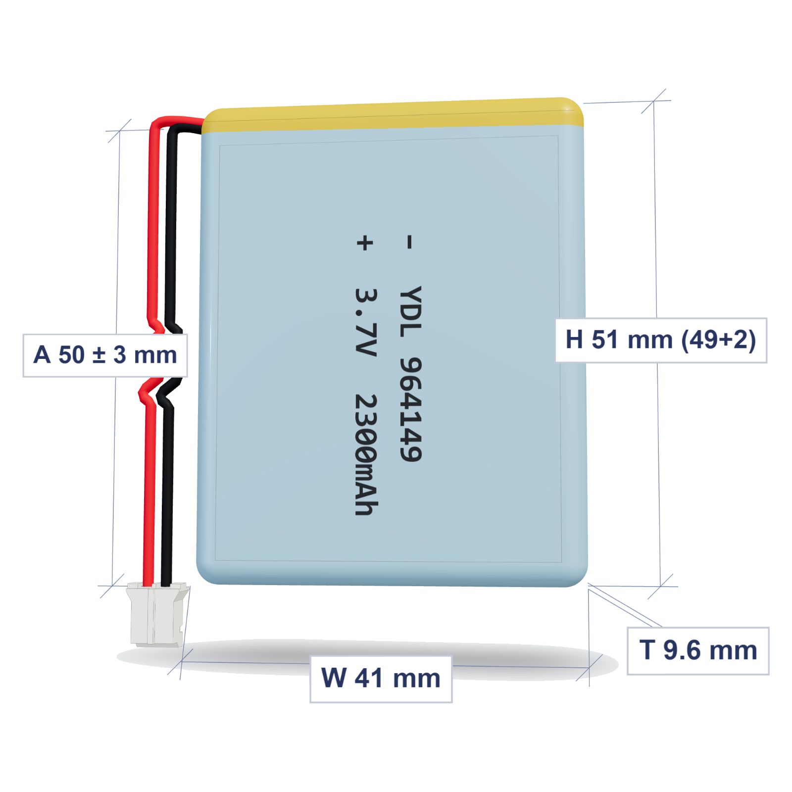 YDL 964149 2300mAh dimensions 9.6x41x51mm, 50mm 26AWG leads