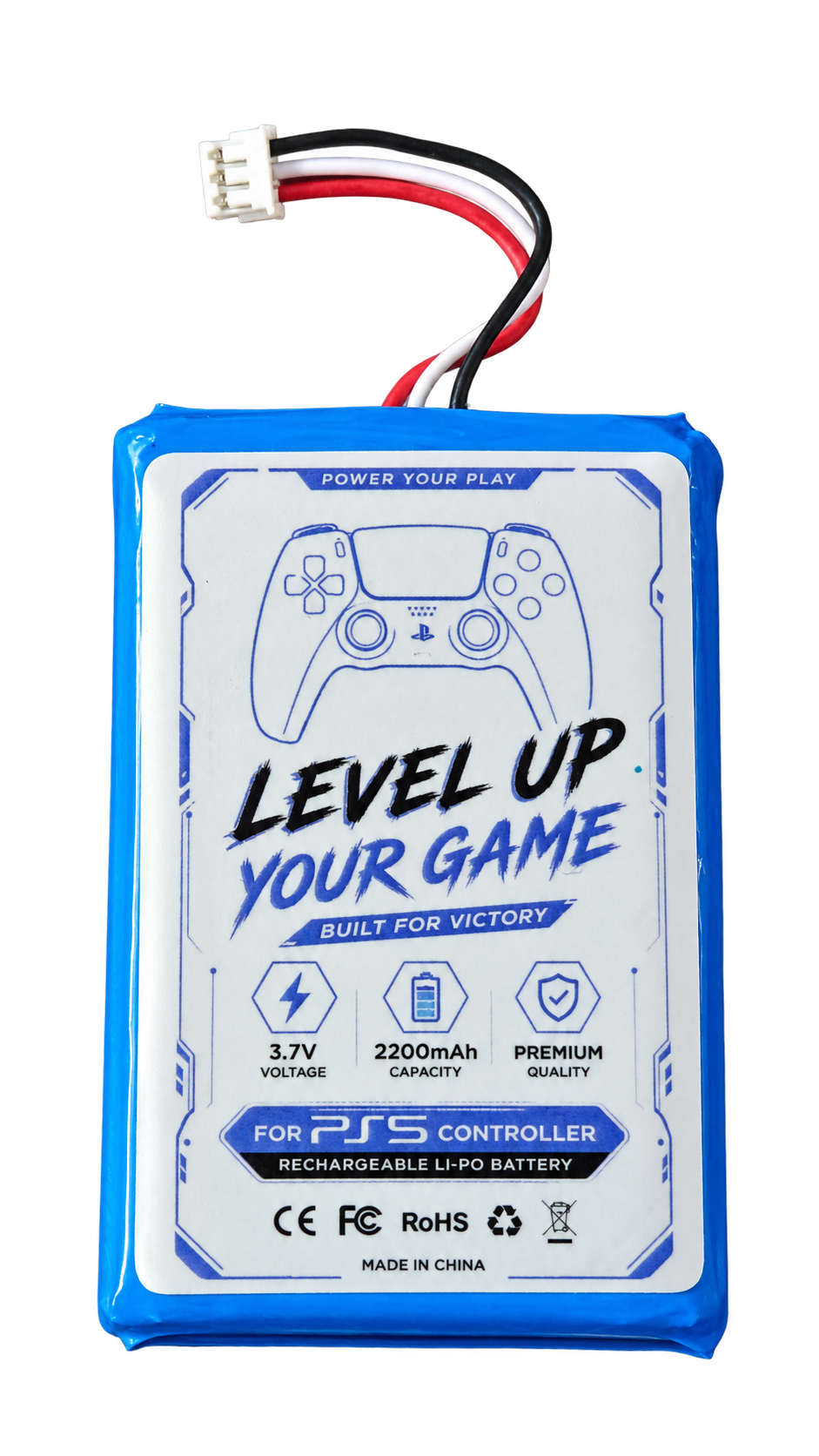YDL 3.7V 2200mAh PS5 DualSense controller battery with 3-pin connector, background removed