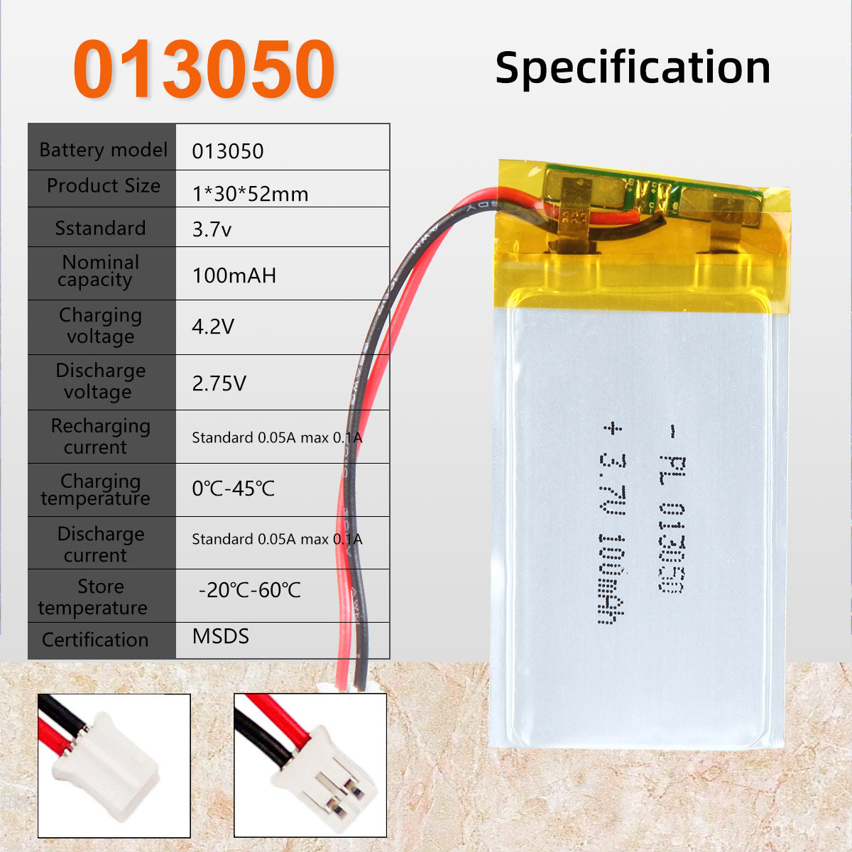 3.7V 100mAh 013050 재충전용 리튬 중합체 건전지 길이 52mm