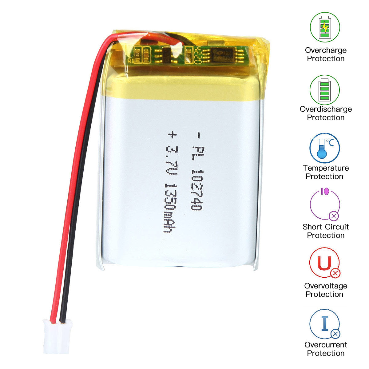 3.7V 1350mAh 102740 충전식 폴리머 리튬 이온 배터리 길이 42mm