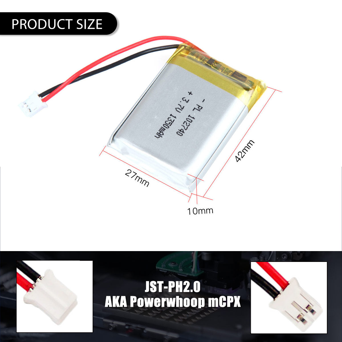 3.7V 1350mAh 102740 충전식 폴리머 리튬 이온 배터리 길이 42mm