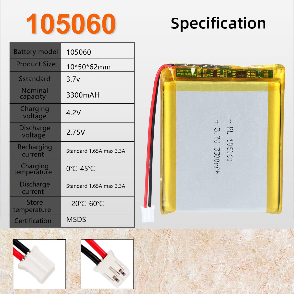 3.7V 3300mAh 105060 재충전용 리튬 중합체 건전지 길이 62mm