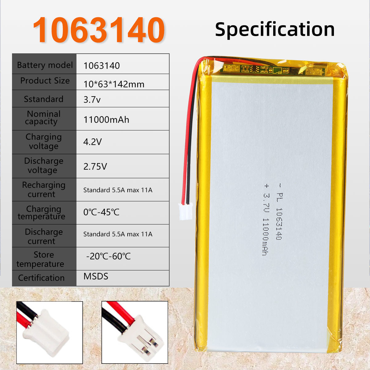3.7V 11000mAh 1063140 재충전용 리튬 중합체 건전지 길이 142mm