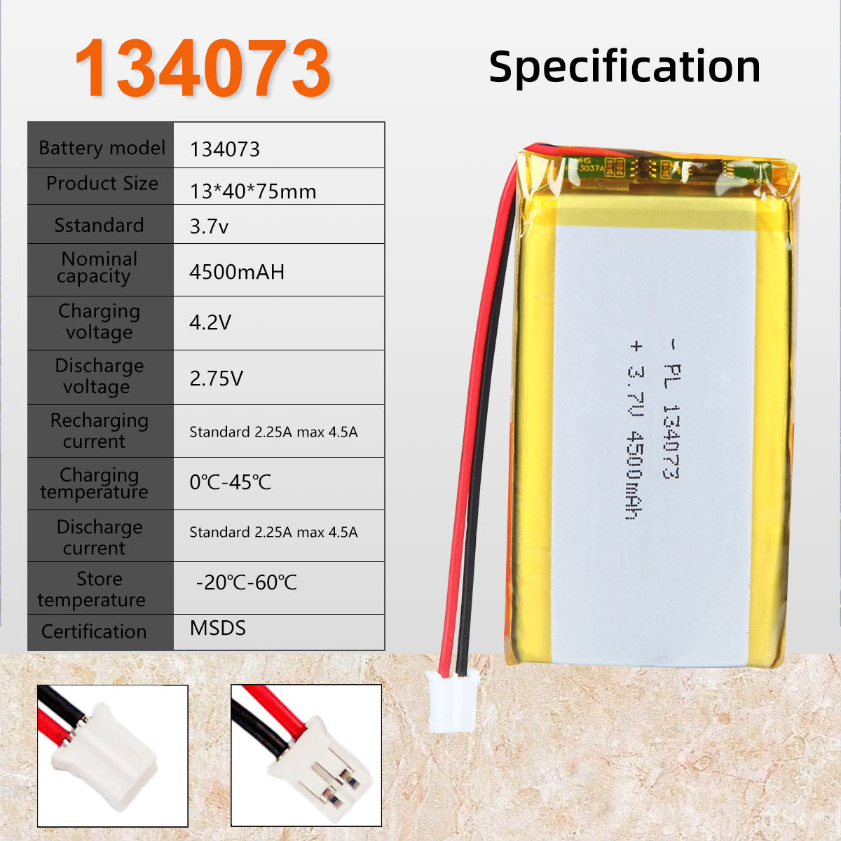 3.7V 4500mAh 134073 재충전용 리튬 중합체 건전지 길이 75mm