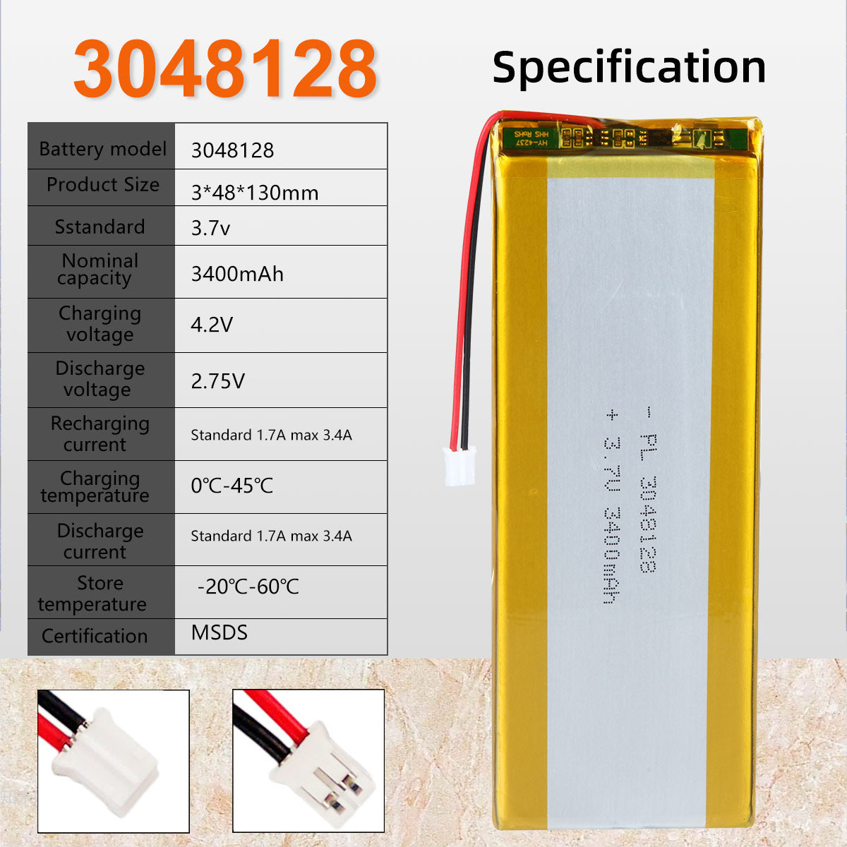 3.7V 3400mAh 3048128 재충전용 리튬 중합체 건전지 길이 130mm