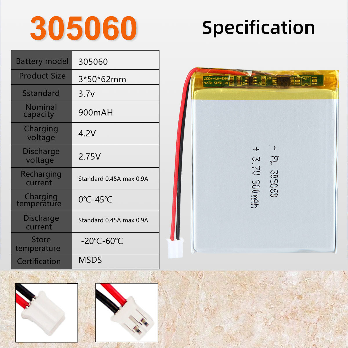 3.7V 900mAh 305060 Rechargeable Lithium Polymer Battery