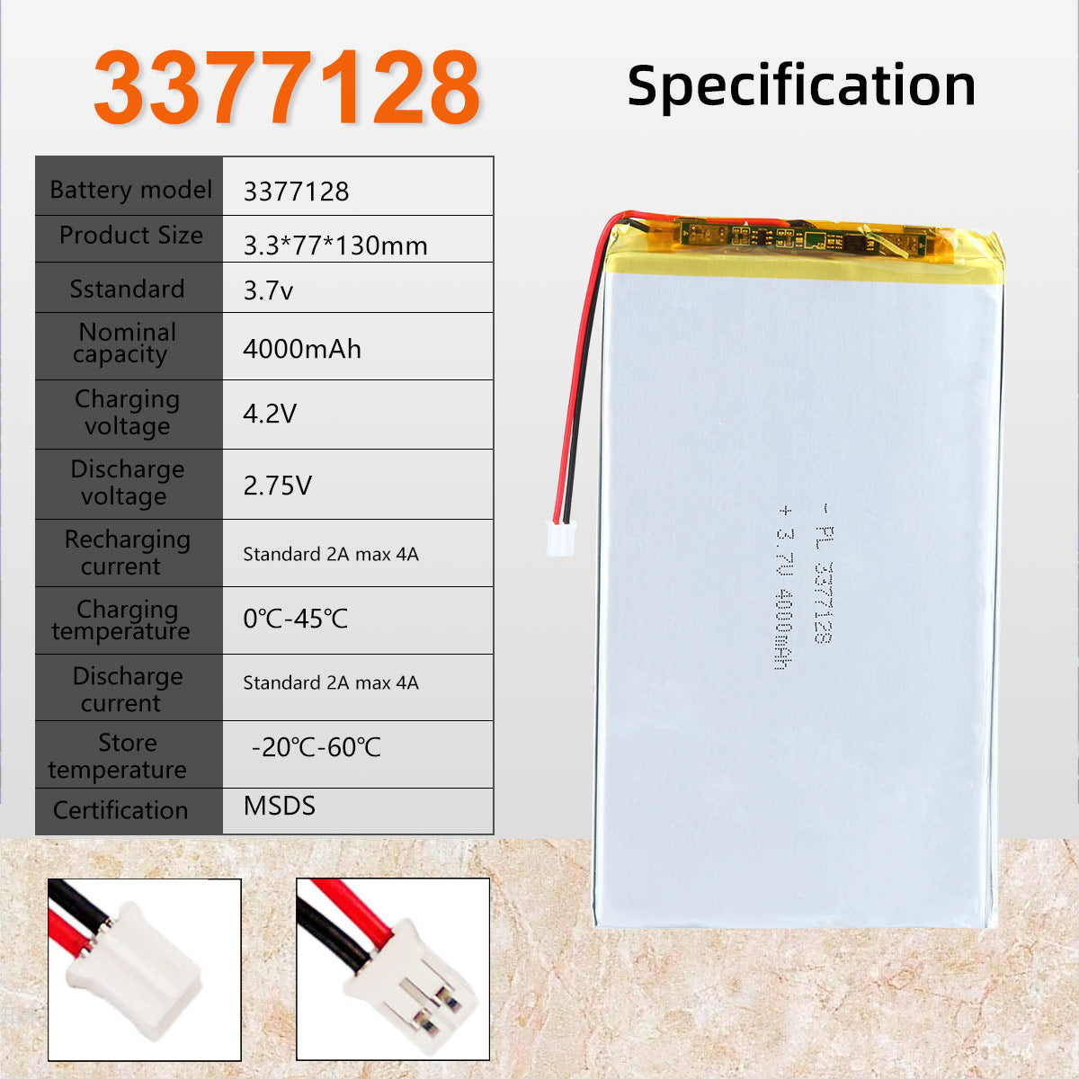 3.7V 4000mAh 3377128 재충전용 리튬 중합체 건전지 길이 130mm