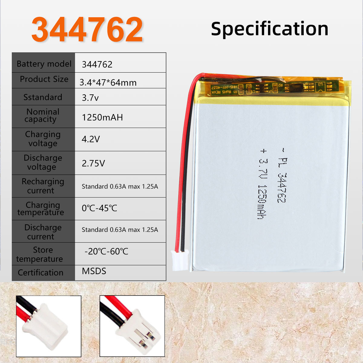 3.7V 1250mAh 344762 재충전용 리튬 중합체 건전지 길이 64mm