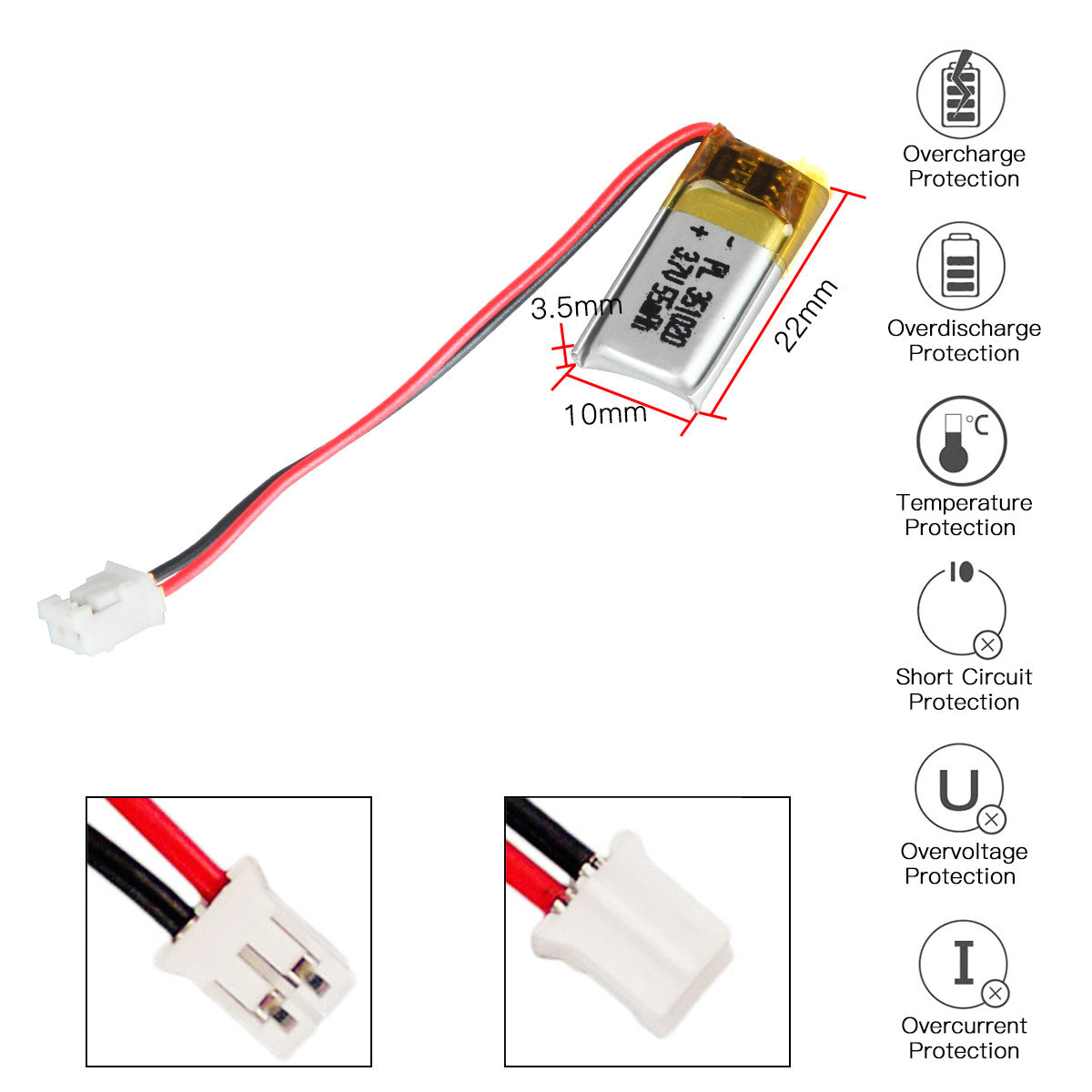 YDL 3.7V 55mAh 351020/351120 充電式リチウムポリマー電池 長さ 22mm