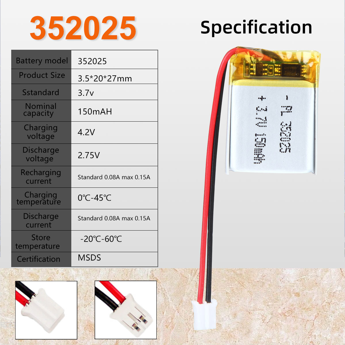 3.7V 150mAh 352025 재충전용 리튬 중합체 건전지 길이 27mm