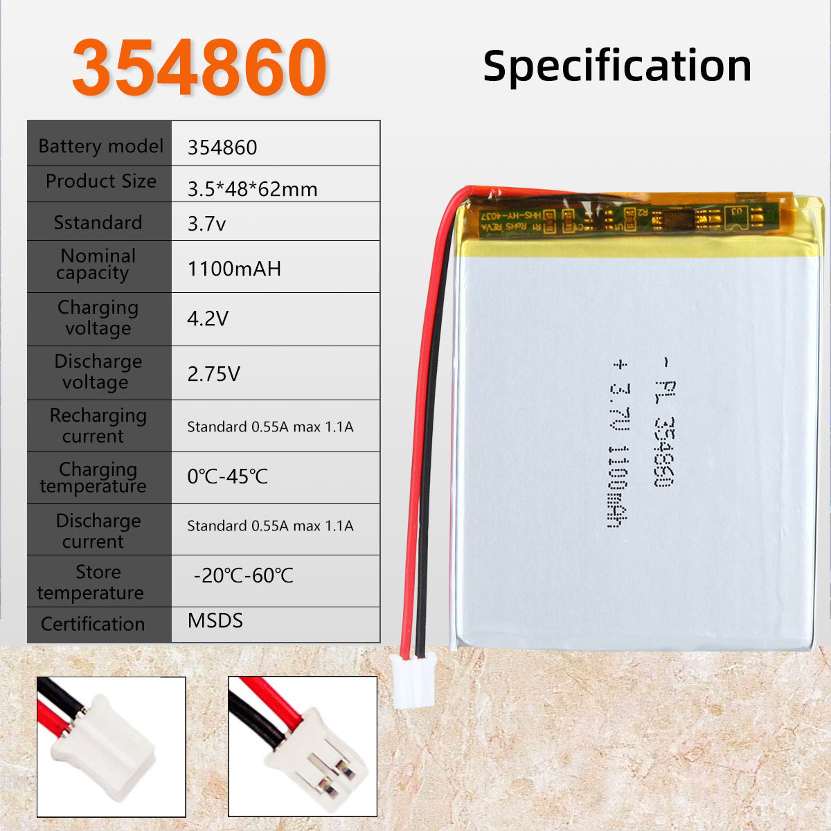 3.7V 1100mAh 354860 रिचार्जेबल लिथियम पॉलिमर बैटरी