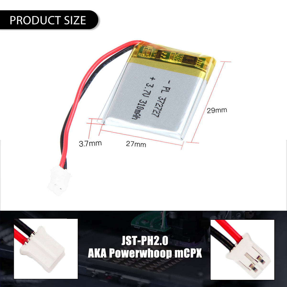 3.7V 310mAh 372727 재충전용 리튬 중합체 건전지 길이 29mm