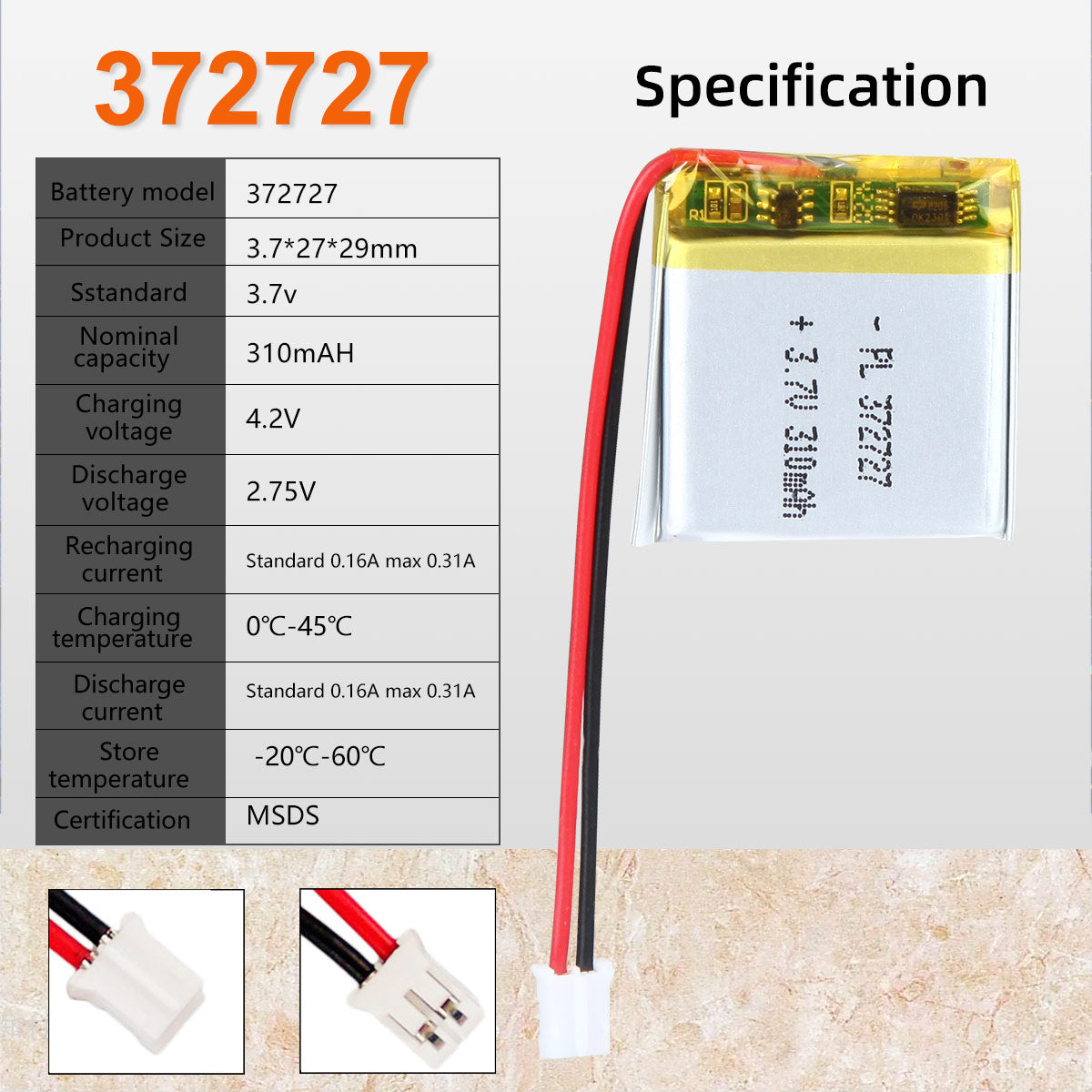 3.7V 310mAh 372727 재충전용 리튬 중합체 건전지 길이 29mm