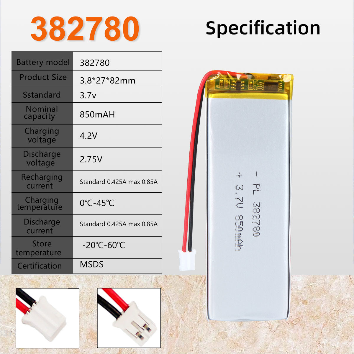 3.7V 382780 850mAh 재충전용 리튬 중합체 건전지 길이 82mm