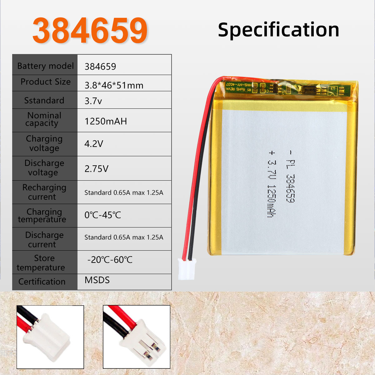 3.7V 1250mAh 384659 재충전용 리튬 중합체 건전지 길이 61mm