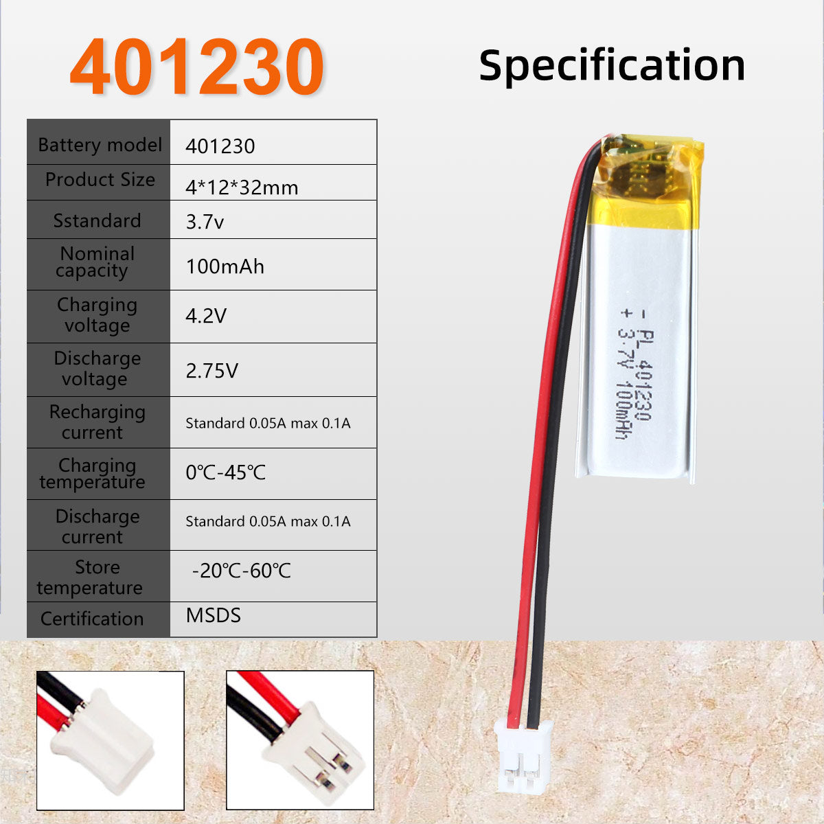 YDL 3.7V 100mAh 401230 충전식 리튬 폴리머 배터리 길이 32mm