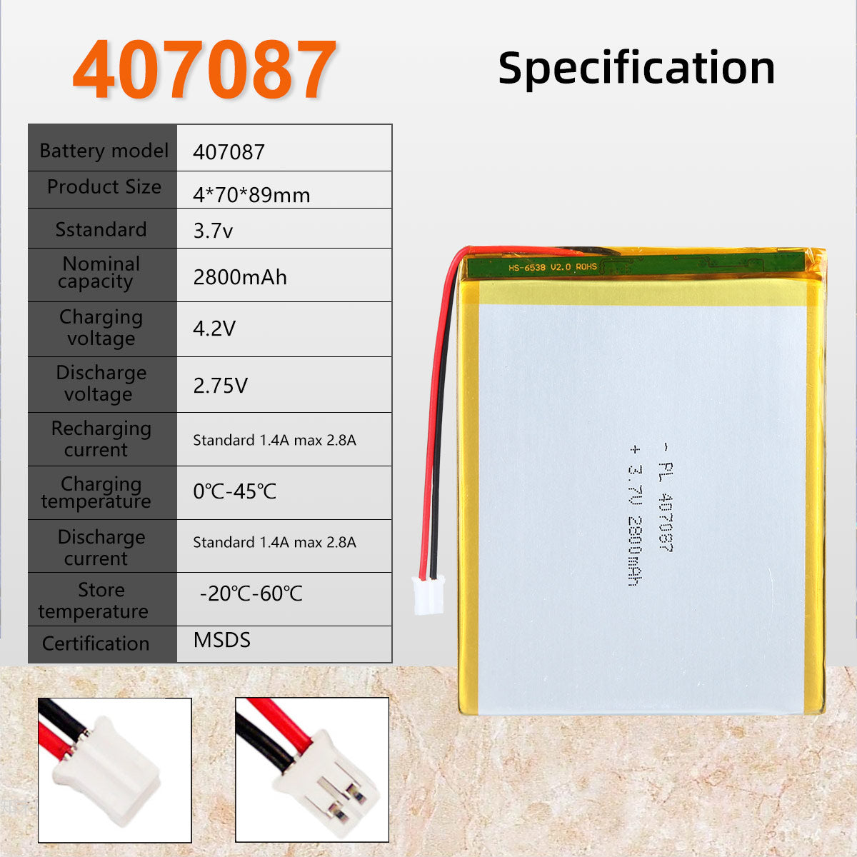 3.7V 2800mAh 407087 재충전용 리튬 중합체 건전지 길이 89mm