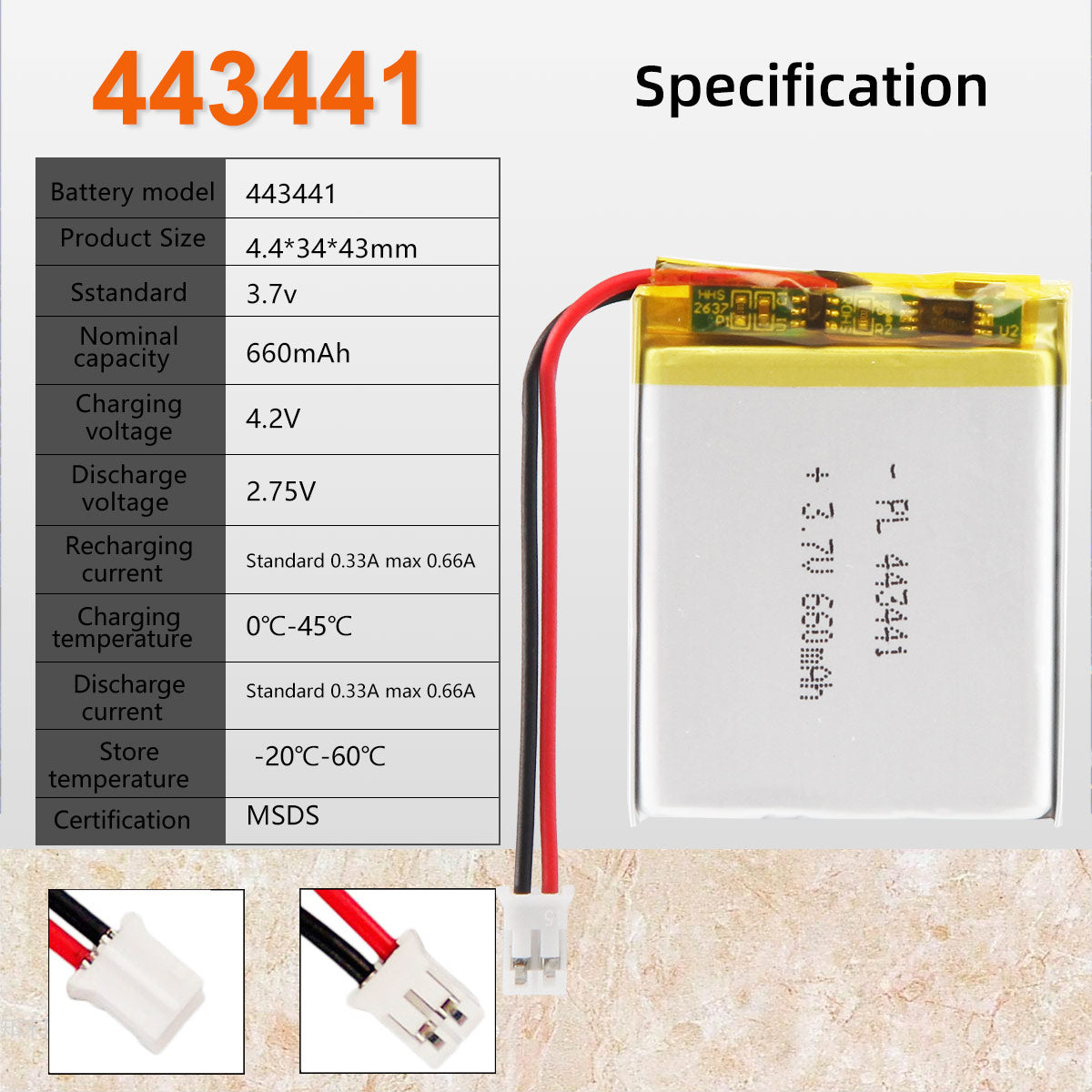 3.7V 660mAh 443441 Rechargeable Lithium Polymer Battery