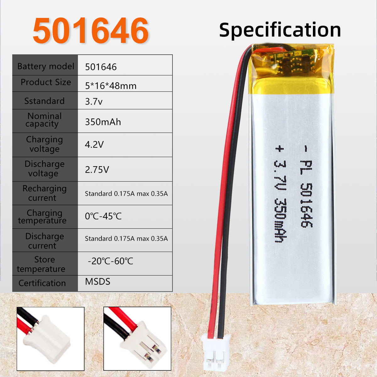 3.7V 350mAh 501646 Rechargeable Lithium Polymer Battery
