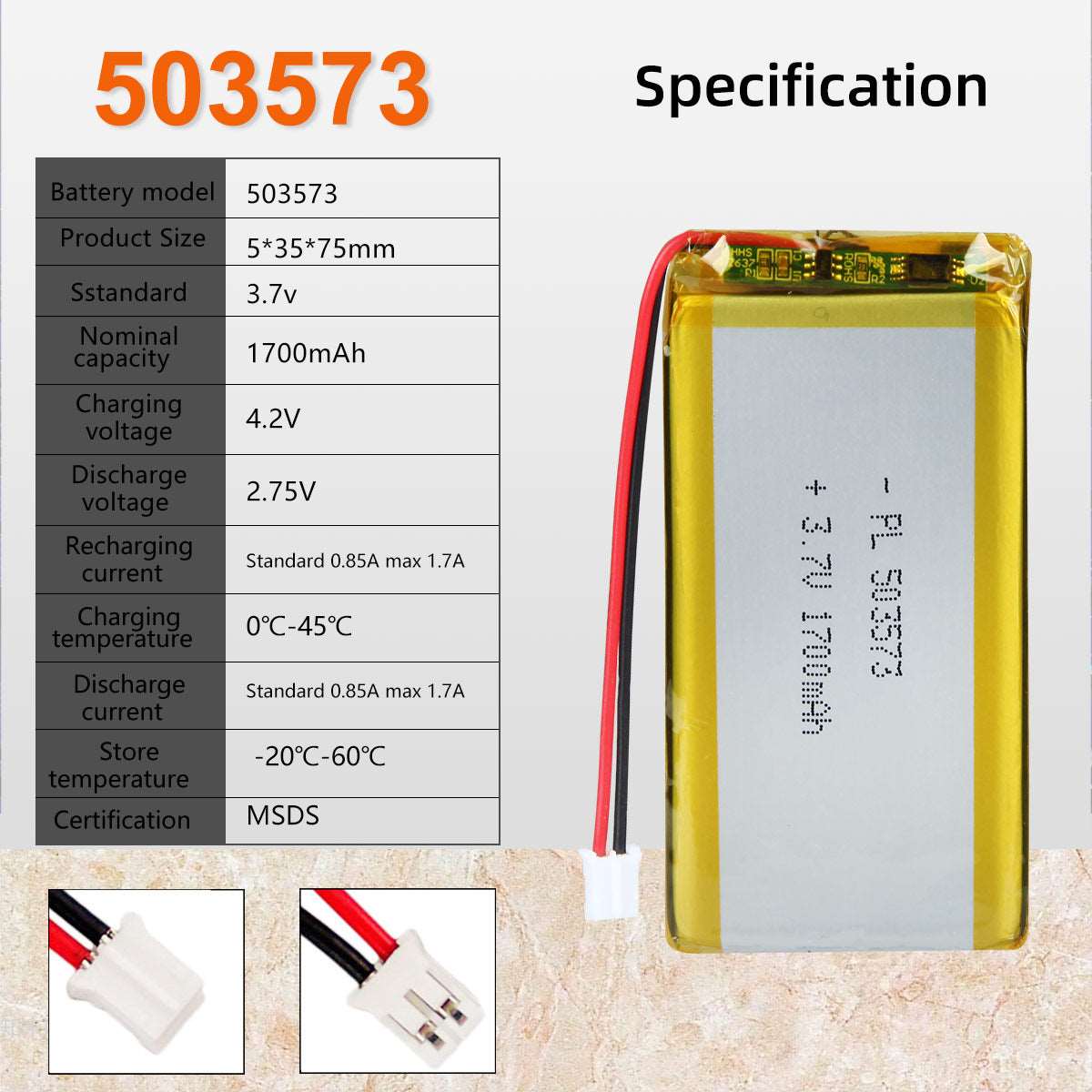 US free ship 3.7V 1700mAh 503573 Lithium Polymer Ion Rechargeable Li-Po Battery