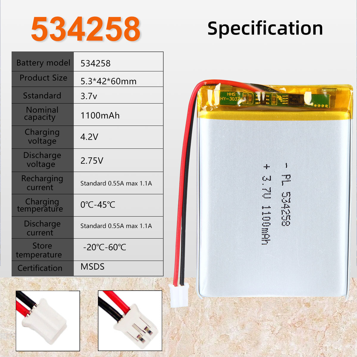 3.7V 1100mAh 534258 재충전용 리튬 중합체 건전지 길이 60mm
