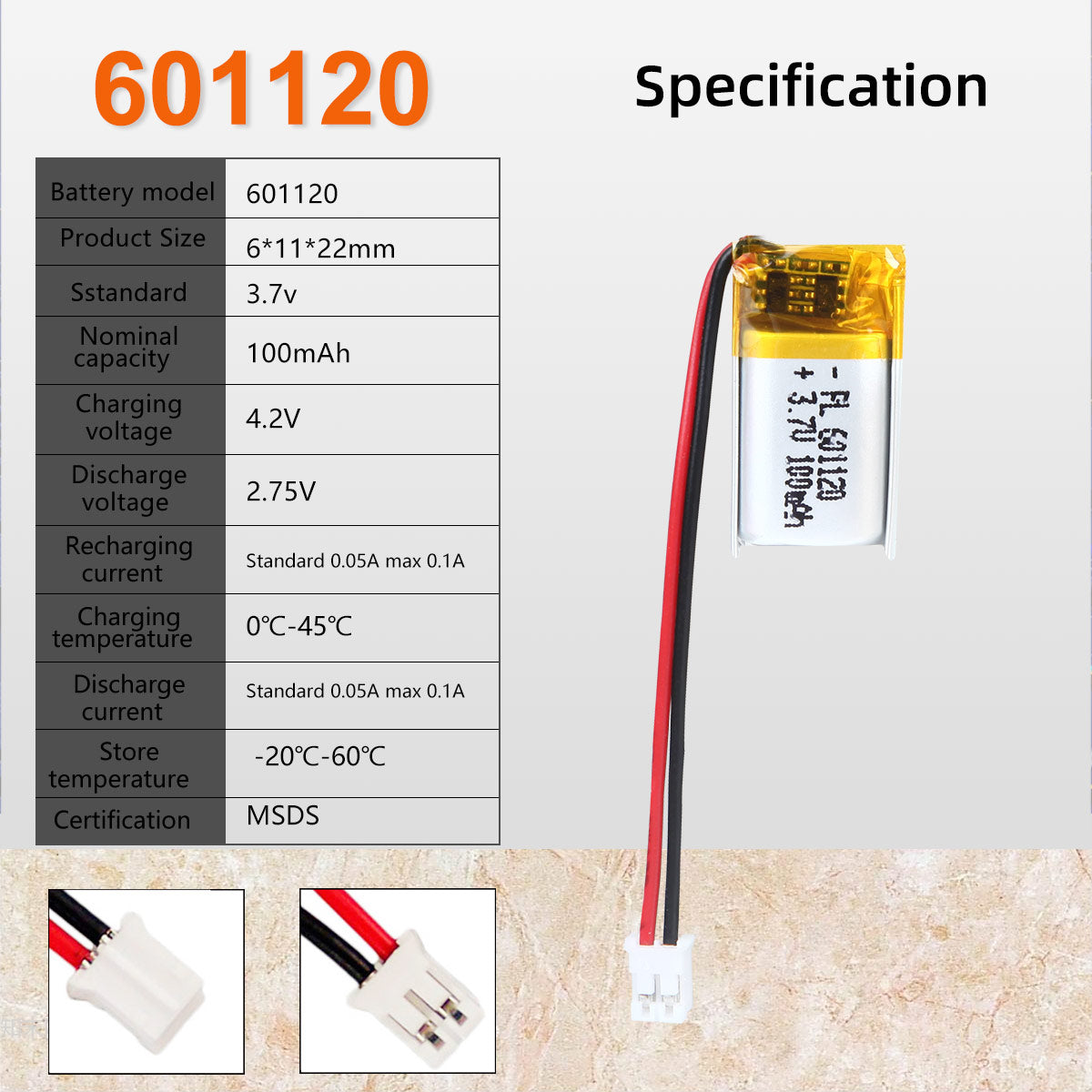 3.7V 100mAh 601120 충전식 리튬 폴리머 배터리 길이 22mm