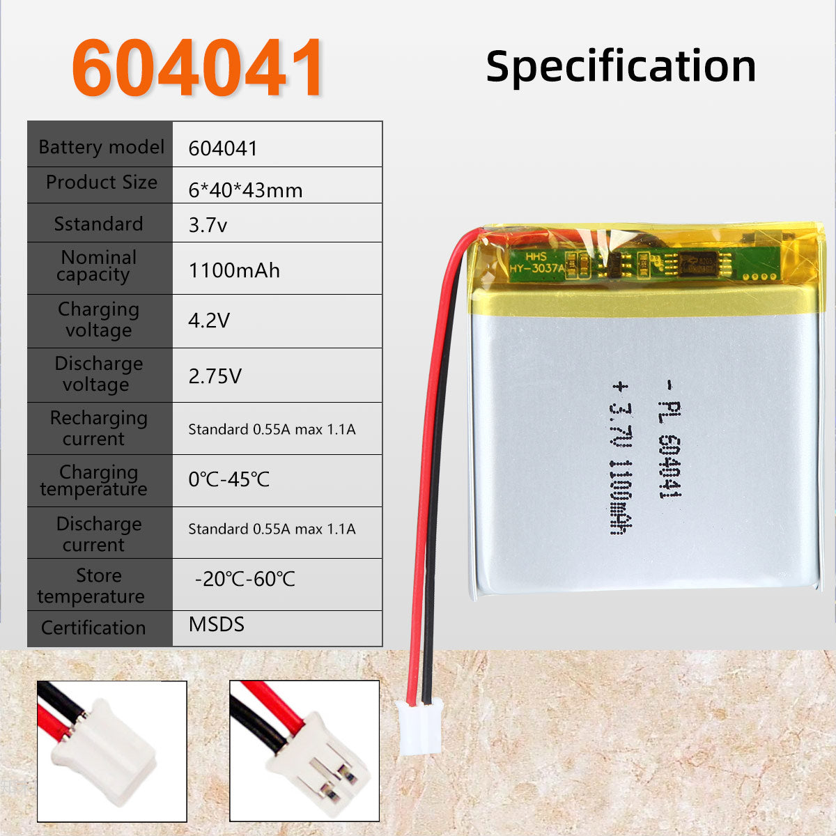3.7V 1100mAh 604041 재충전용 리튬 중합체 건전지 길이 43mm