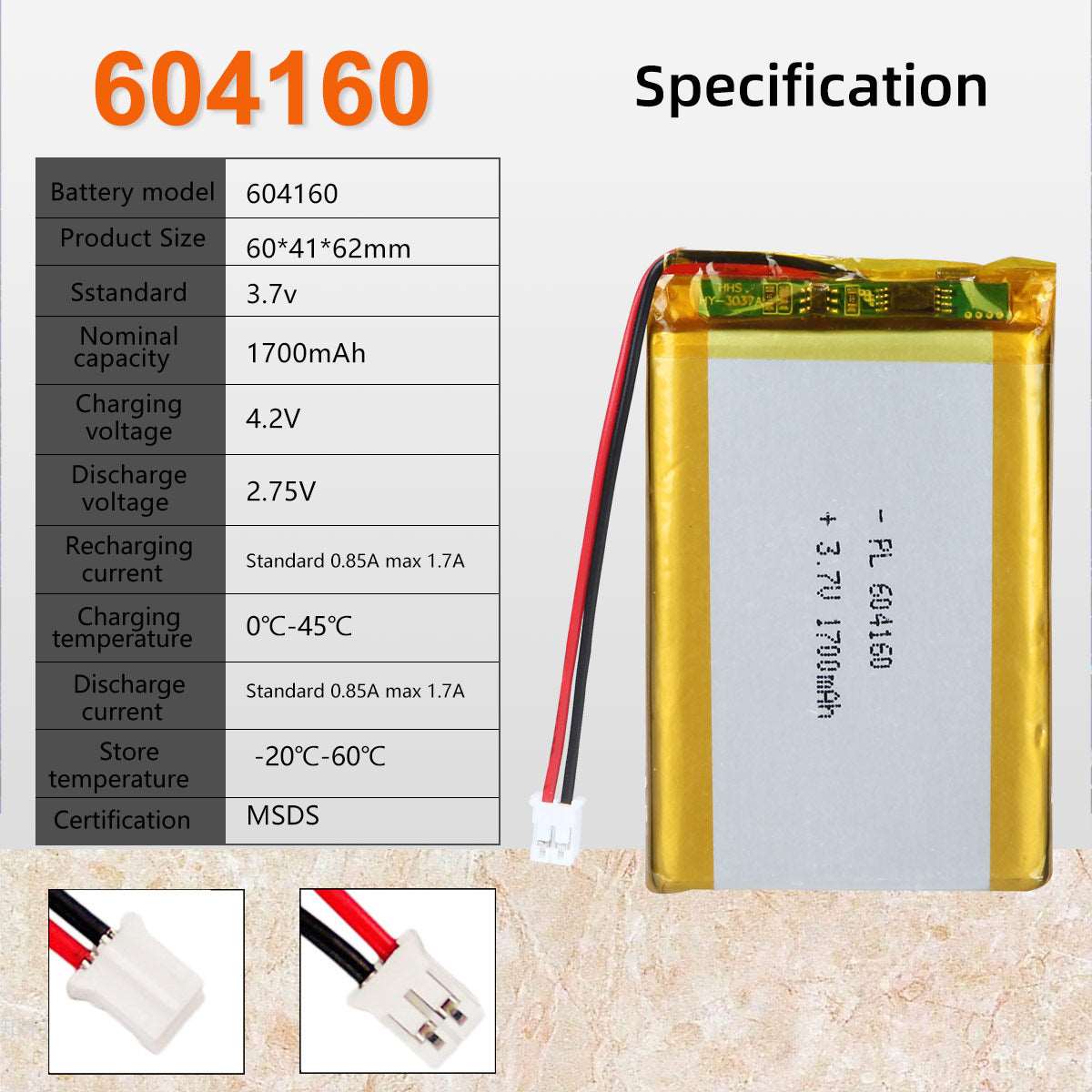 US free ship 3.7V 1700mAh 604160 Rechargeable Lithium Polymer ion Battery Pack
