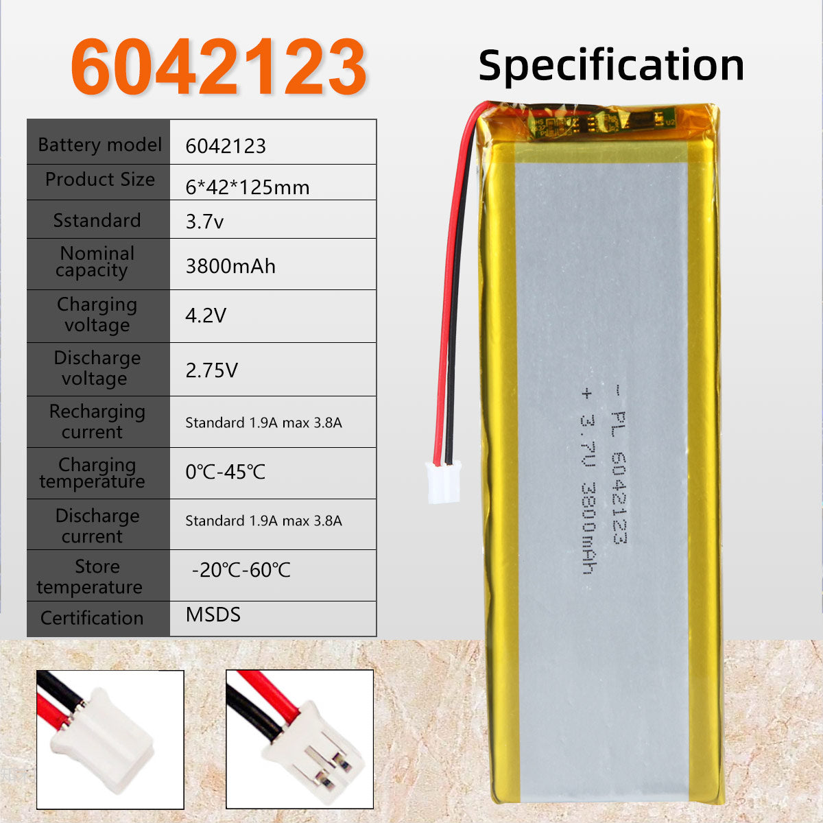 3.7V 3800mAh 6042123 재충전용 리튬 중합체 건전지 길이 125mm