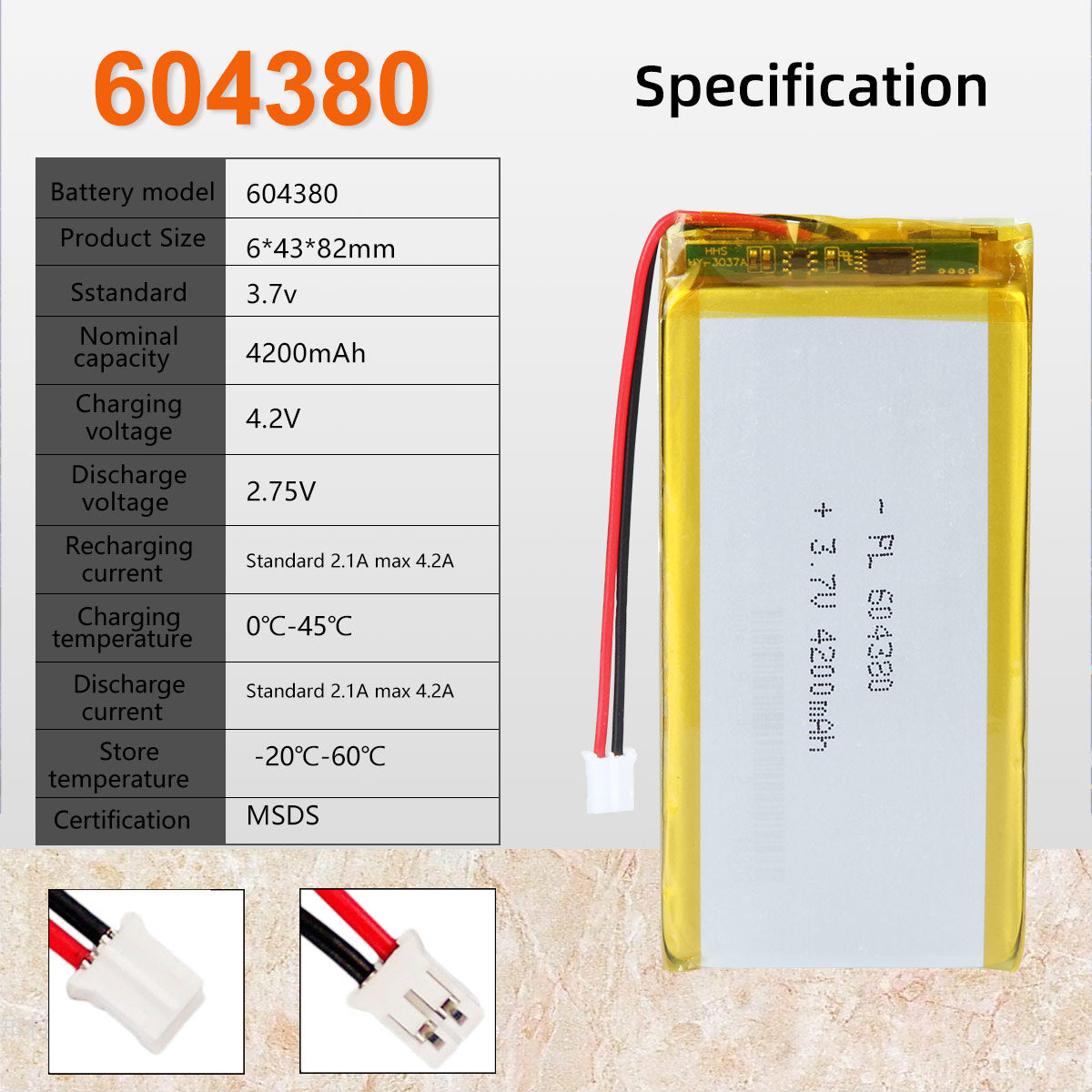 YDL 3.7V 4200mAh 604380 충전식 리튬 폴리머 배터리 길이 82mm