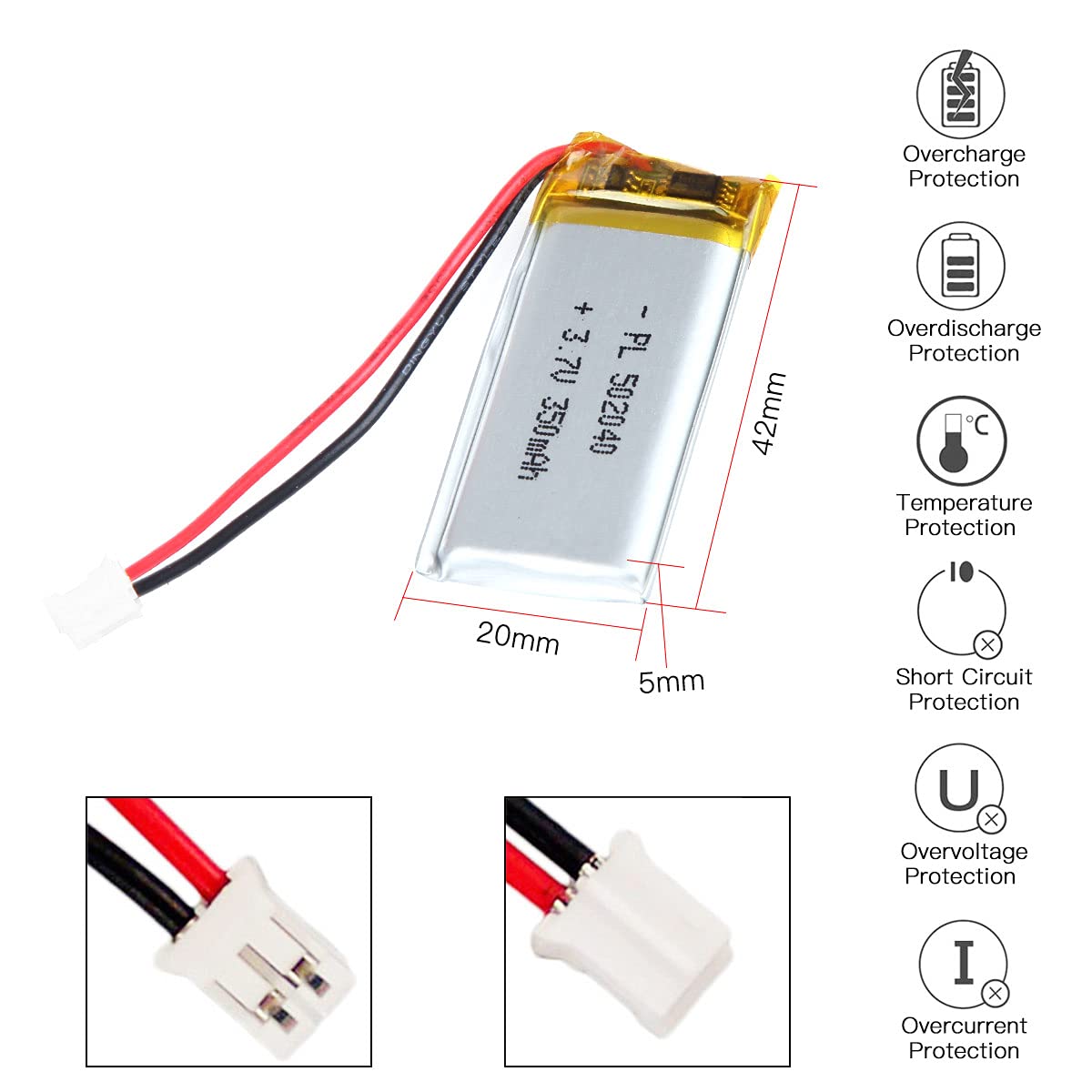 3.7V 350mAh 502040 रिचार्जेबल लिथियम पॉलिमर बैटरी