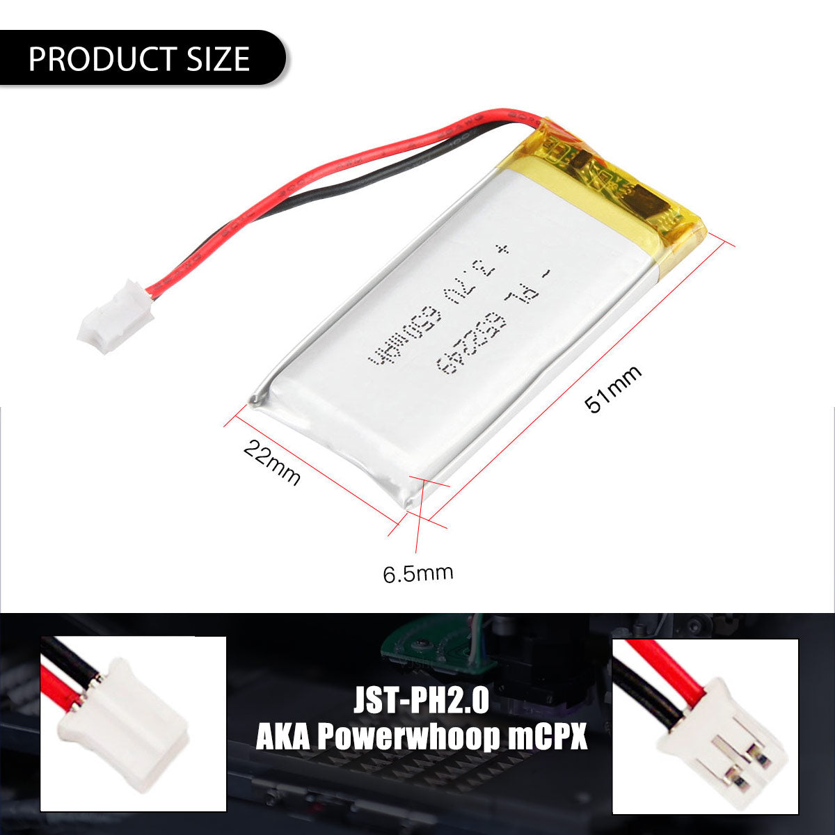 3.7V 652249 650mAh 재충전용 리튬 중합체 건전지 길이 51mm