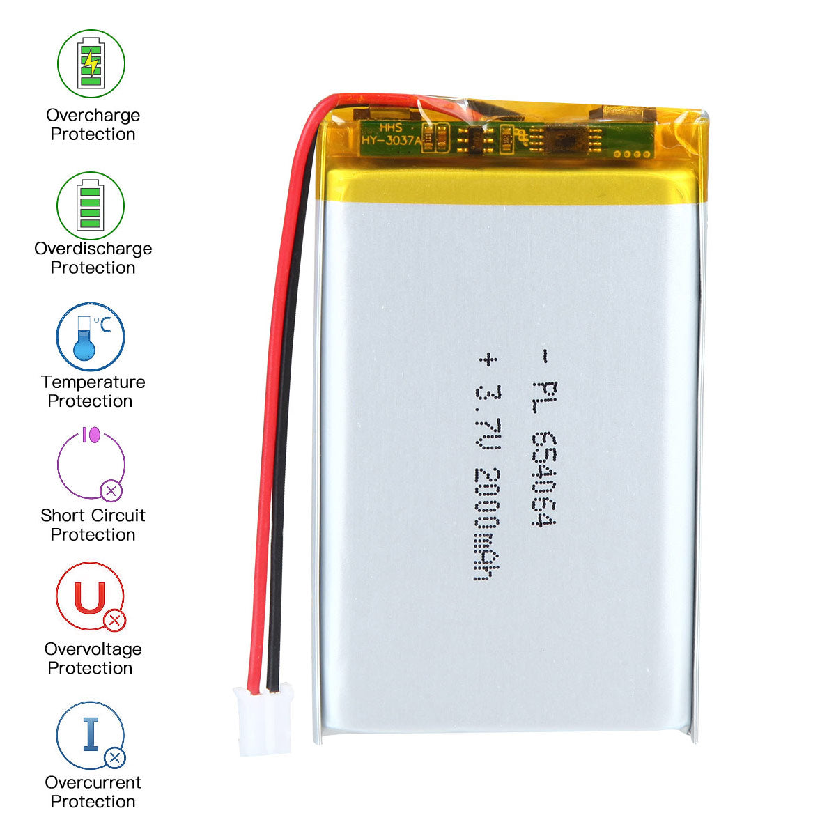 3.7V 2000mAh 654064 재충전용 리튬 중합체 건전지 길이 66mm