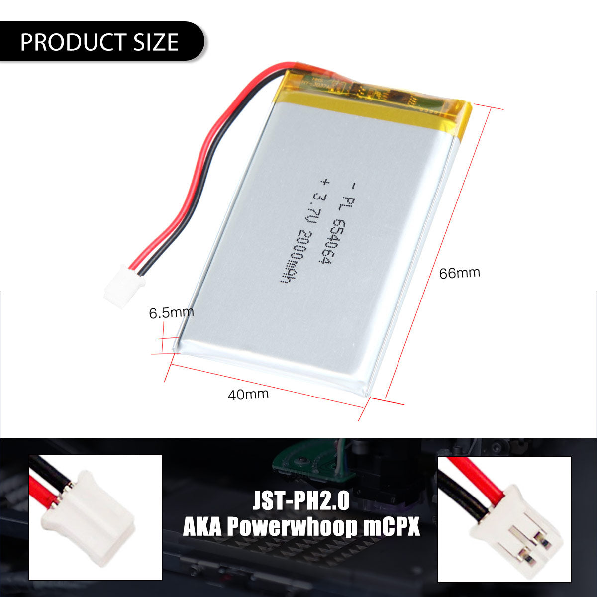 3.7V 2000mAh 654064 재충전용 리튬 중합체 건전지 길이 66mm